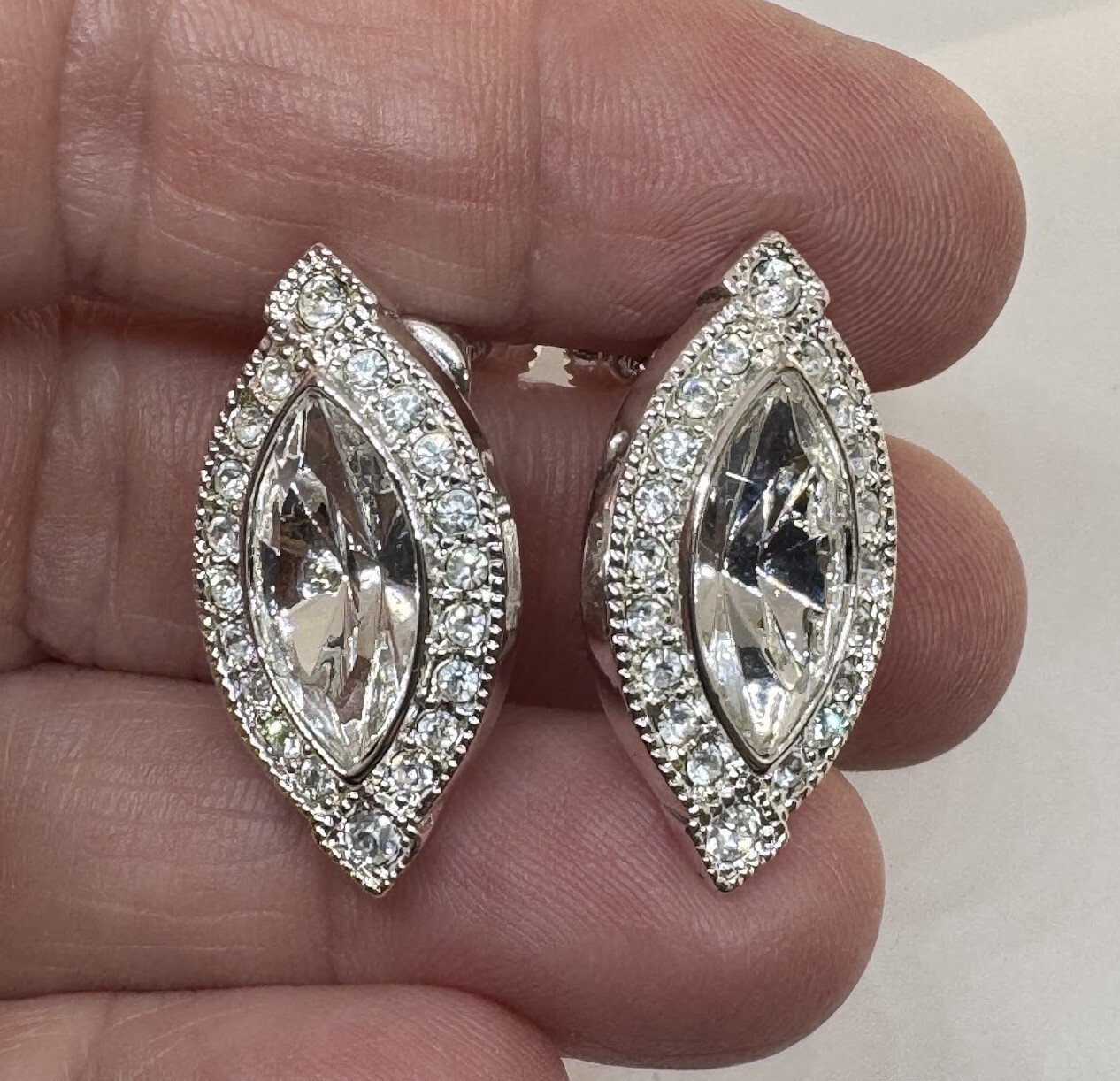 Vintage Napier Silver Marquis Rhinestone Clip Earrings