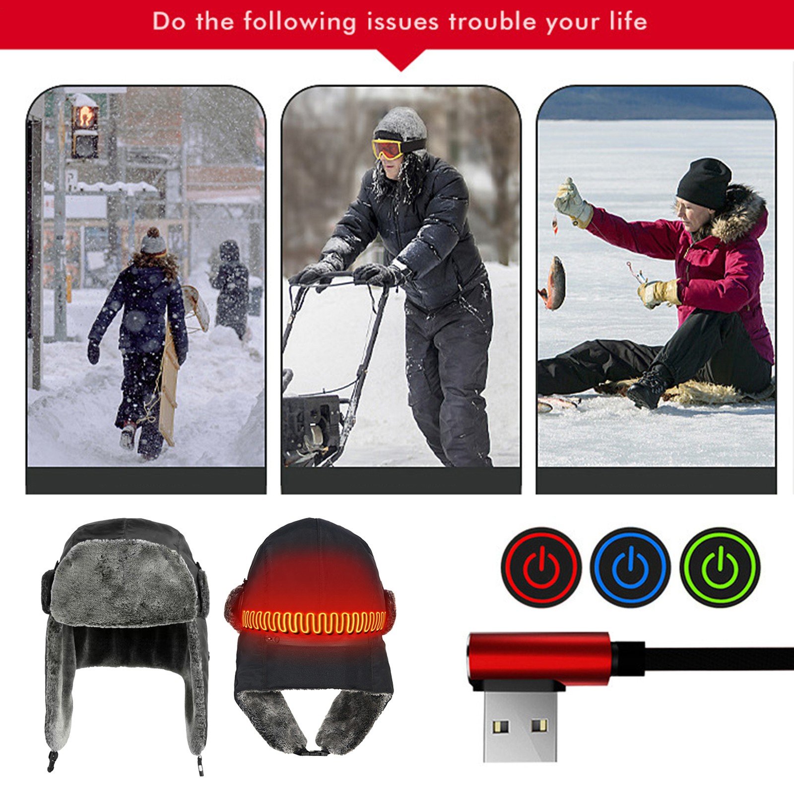 Winter Hat USB-Powered Warm Headgear Windproof Thermal Ear Protection Hat