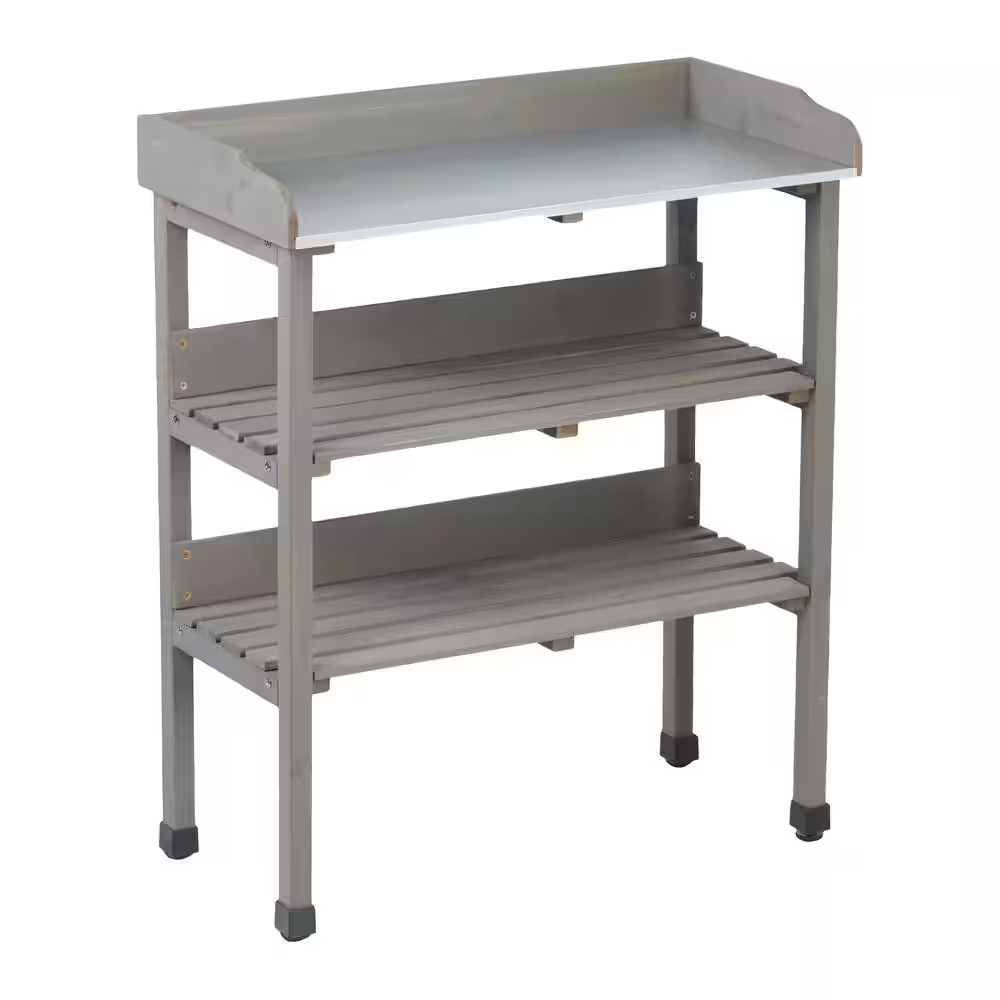 Fir Wood 3-Tier Potting Plant Table with Metal Top and Tool Hooks-Grey Workstati
