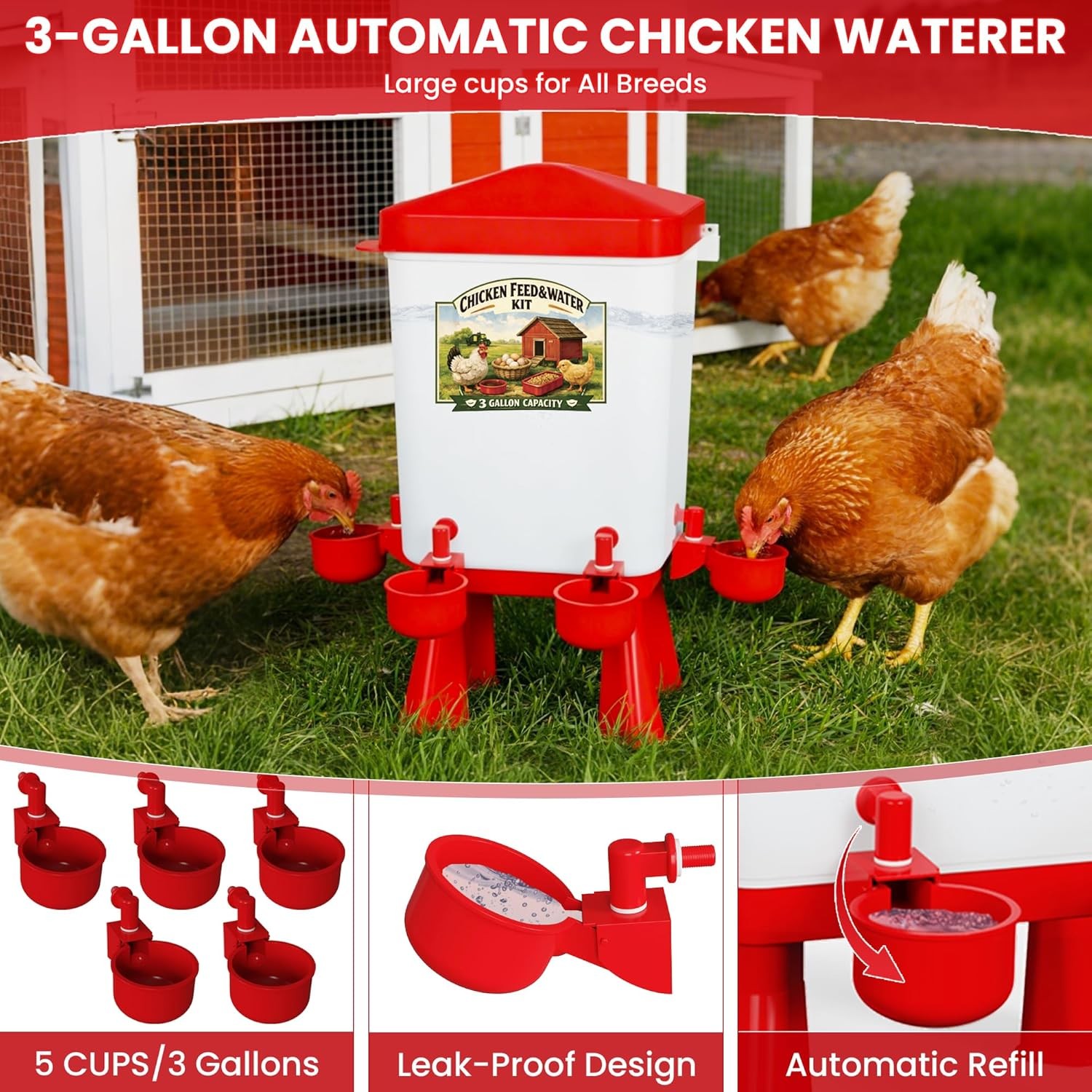 Chicken Feeder and Waterer Set, 3 Gallon/16 LB Automatic Poultry Feeding System