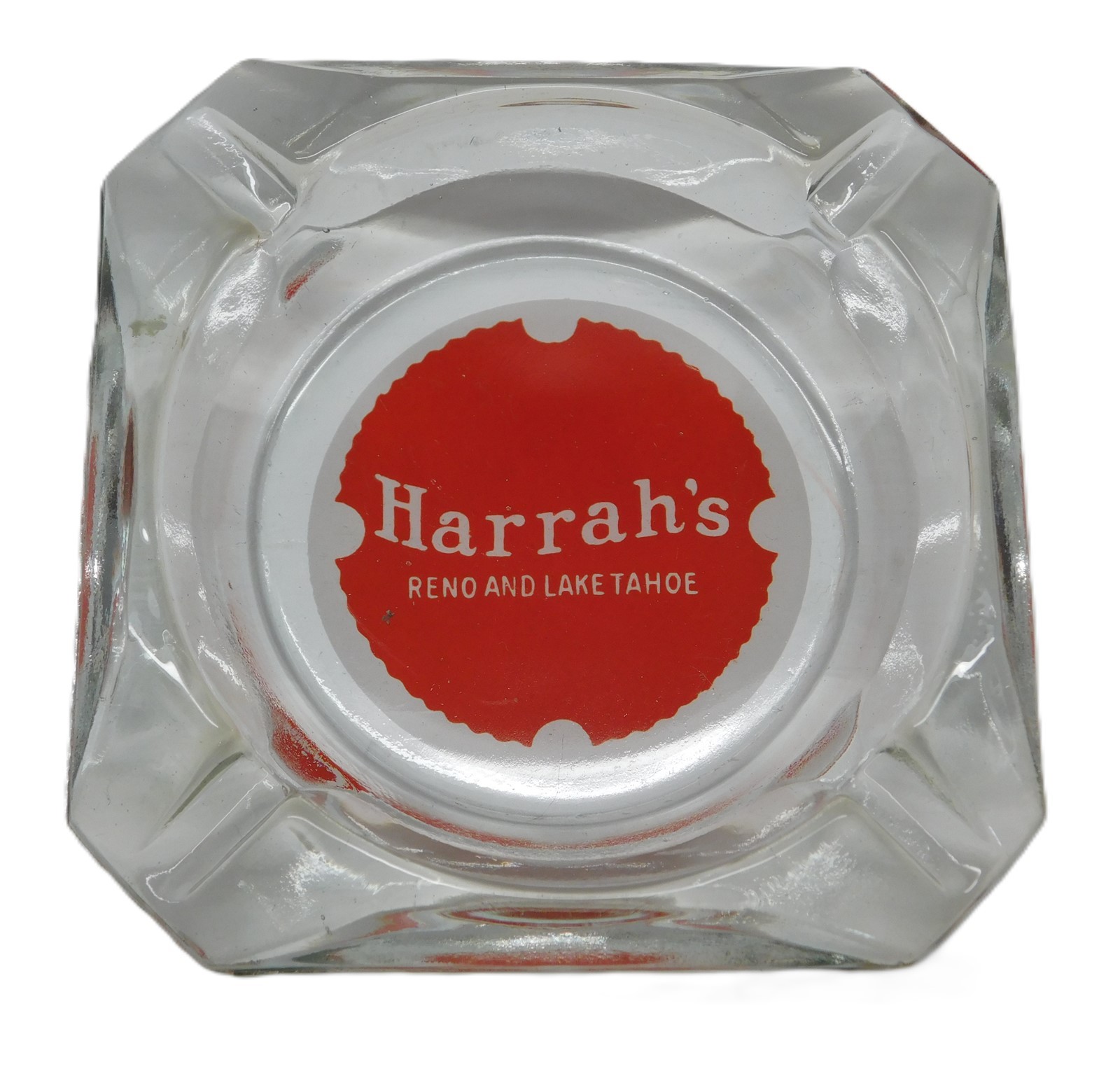 Vtg Advertising Harrahs Casino Reno & Lake Tahoe Nevada Glass Ashtray Gambling