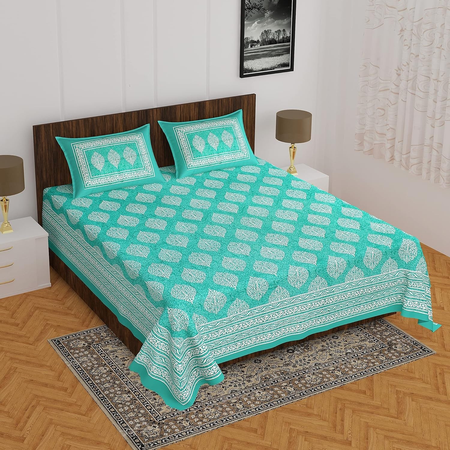 Cotton Jaipuri Traditional Double Bedsheet with 2 pillow cover IB 125