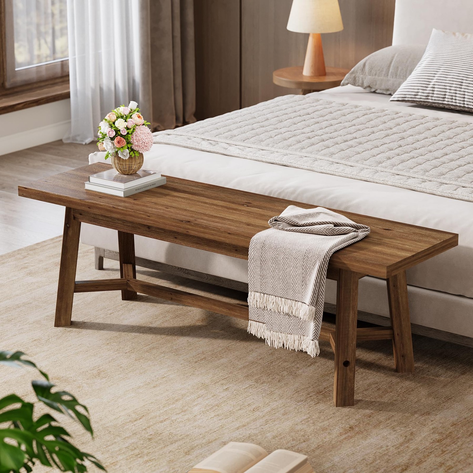 55" Solid Wood Farmhouse Bench Dark Brown