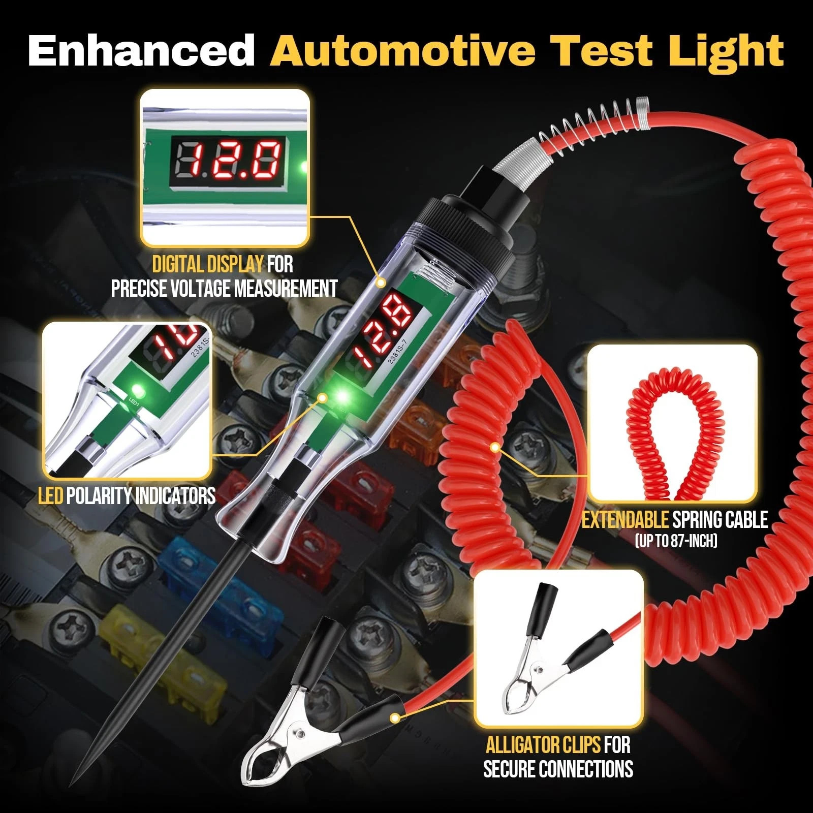 Enhanced Automotive Test Light, 3V-48V Digital Fuse Tester with Automatic