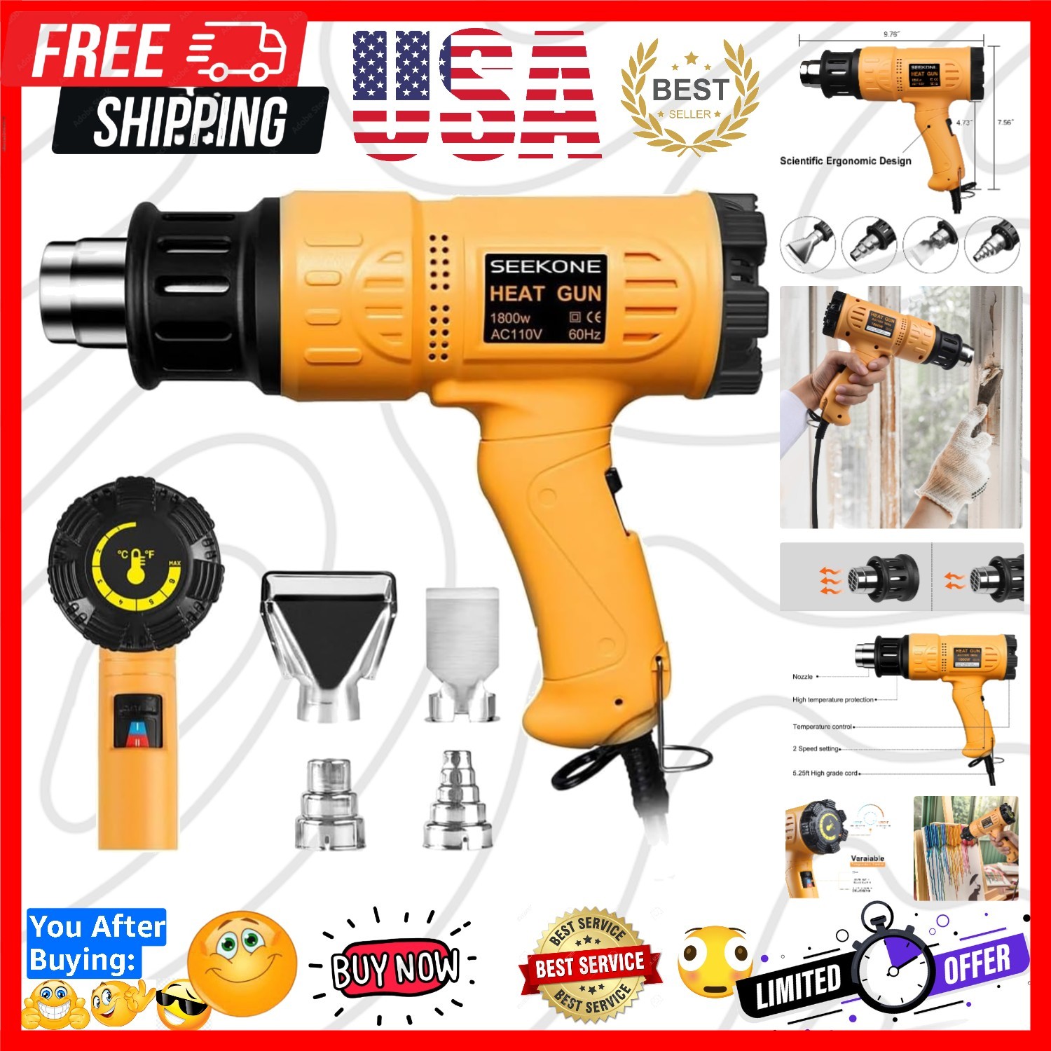 Heat Gun 1800W 122℉-1202℉（50℃- 650℃）Fast Heating Heavy Duty Hot Air Gun Kit V...