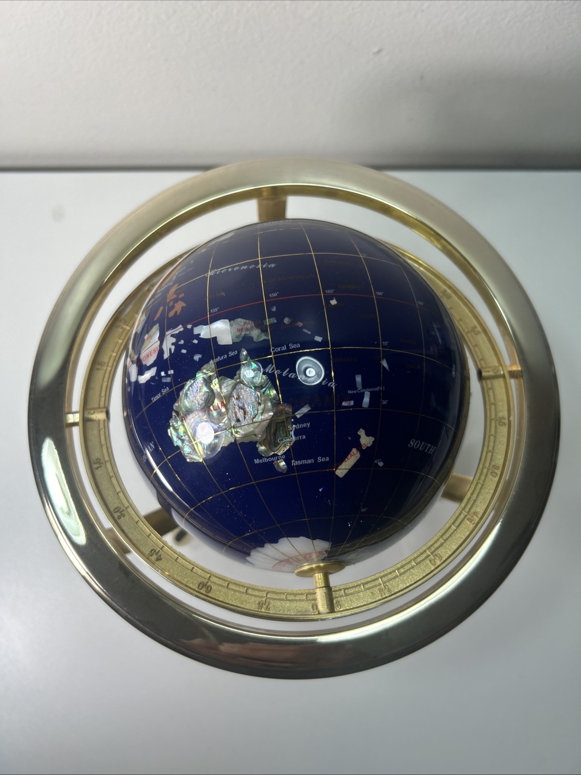 Globe Blue Ocean Gold Tone 3 Leg Table Stand Gen MOP World Map GEM STONE