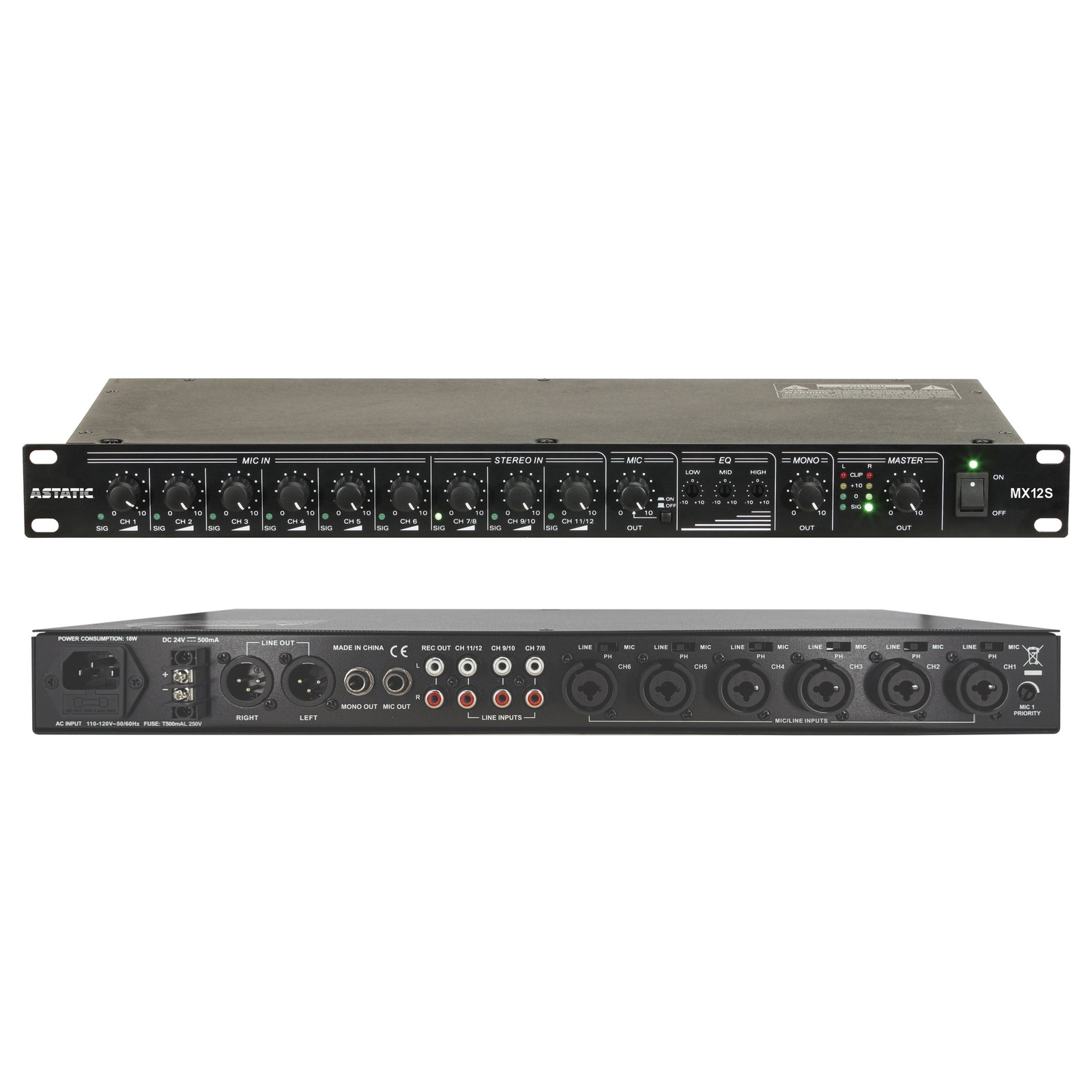 CAD Astatic MX12S 12 Channel Stereo Mixer - 1U RackMount