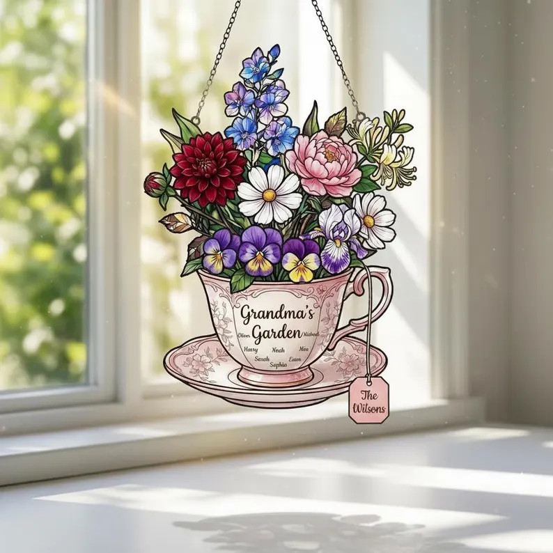 Personalized Floral Teacup Acrylic Suncatcher Window Decor