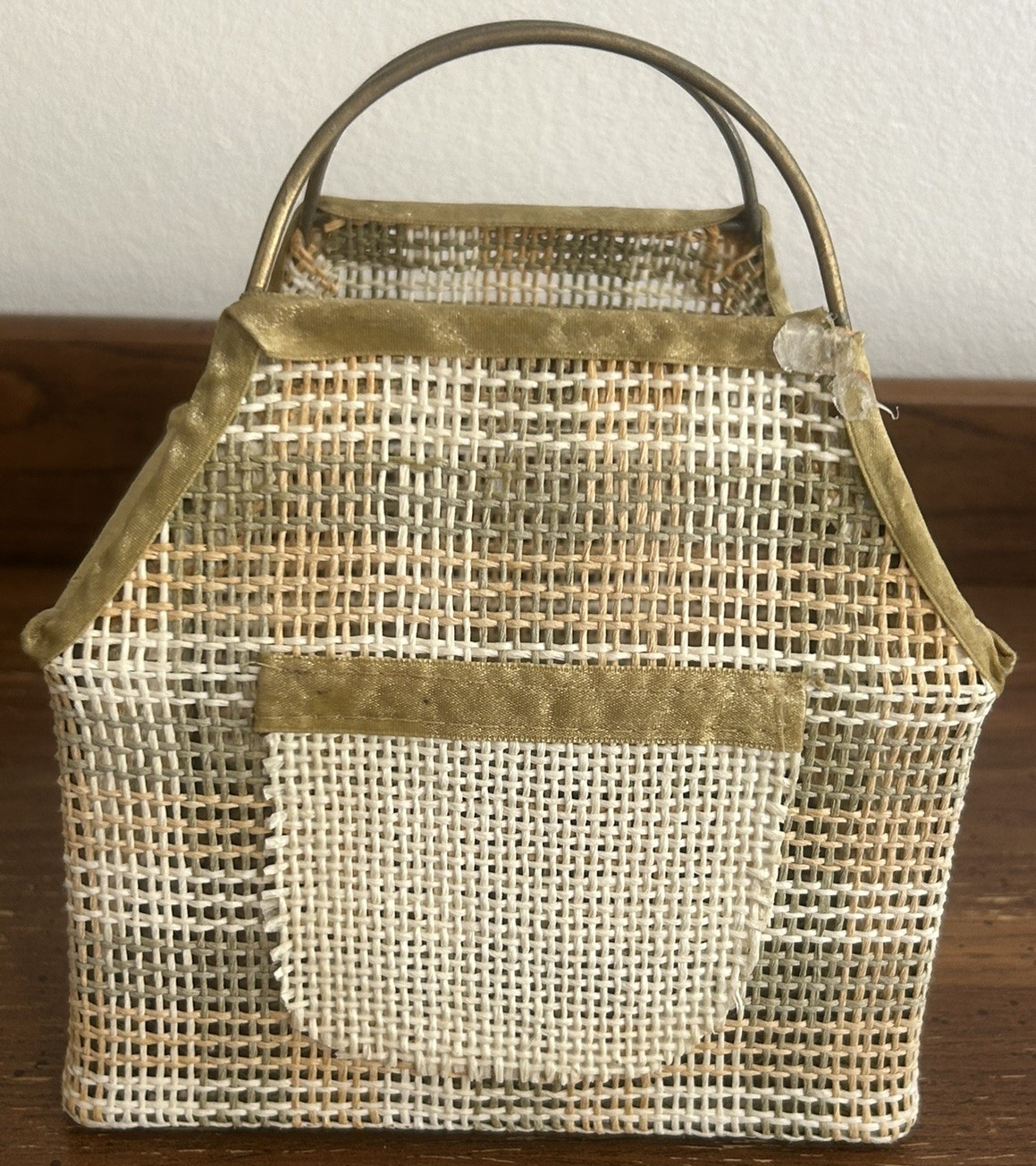 MCM 6x7.5 Plaid Wire Handle Woven Basket Vintage