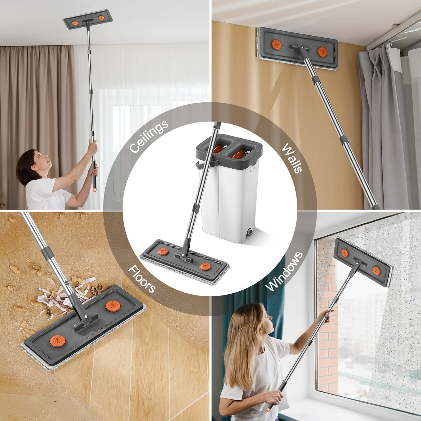 61" Flat Mop and Bucket System with 4 Microfiber Pads - Floor Wall Window Mop