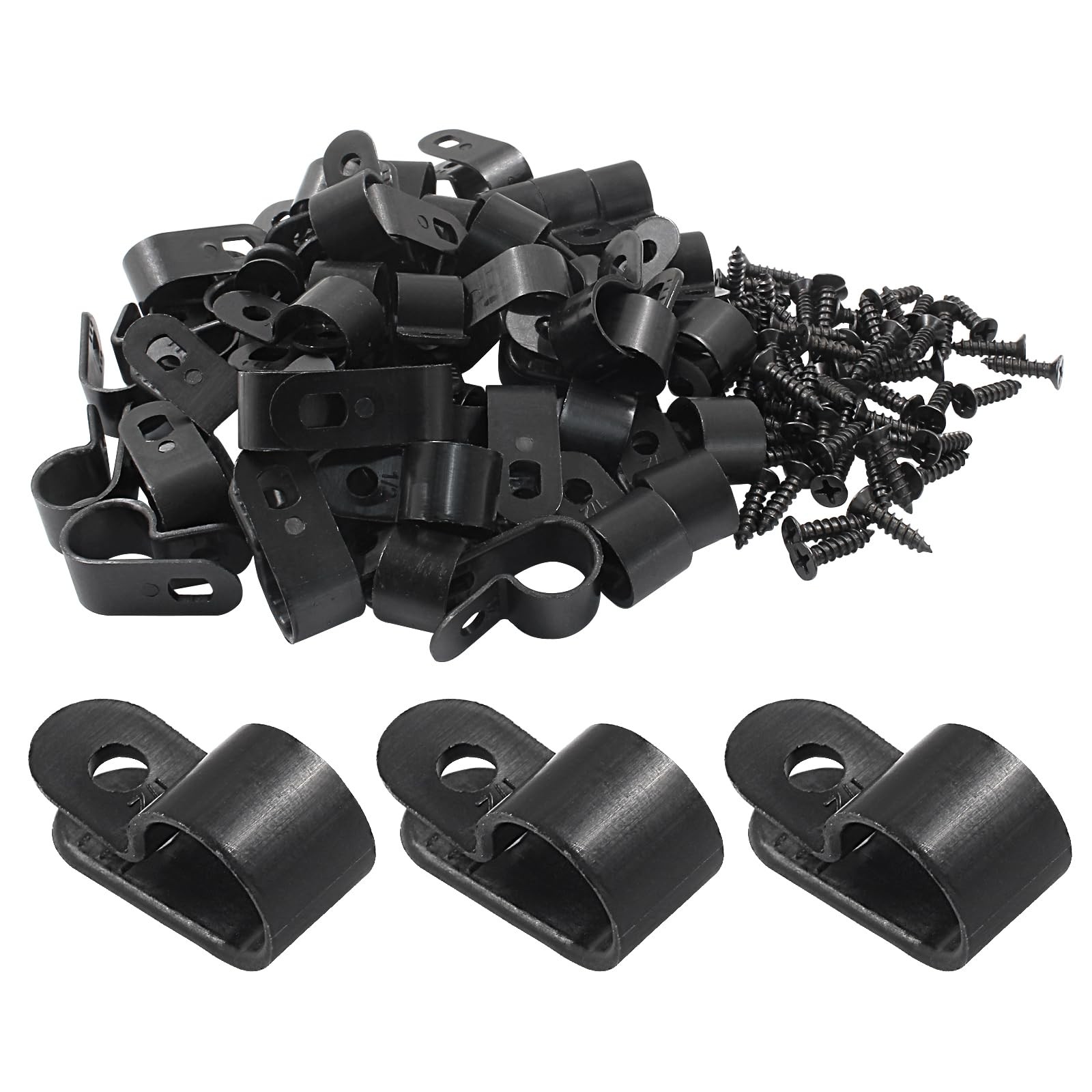 50 PCS 1/2 Inch RType Cable Clips Clamp Nylon Mounting Wire Fastener Black