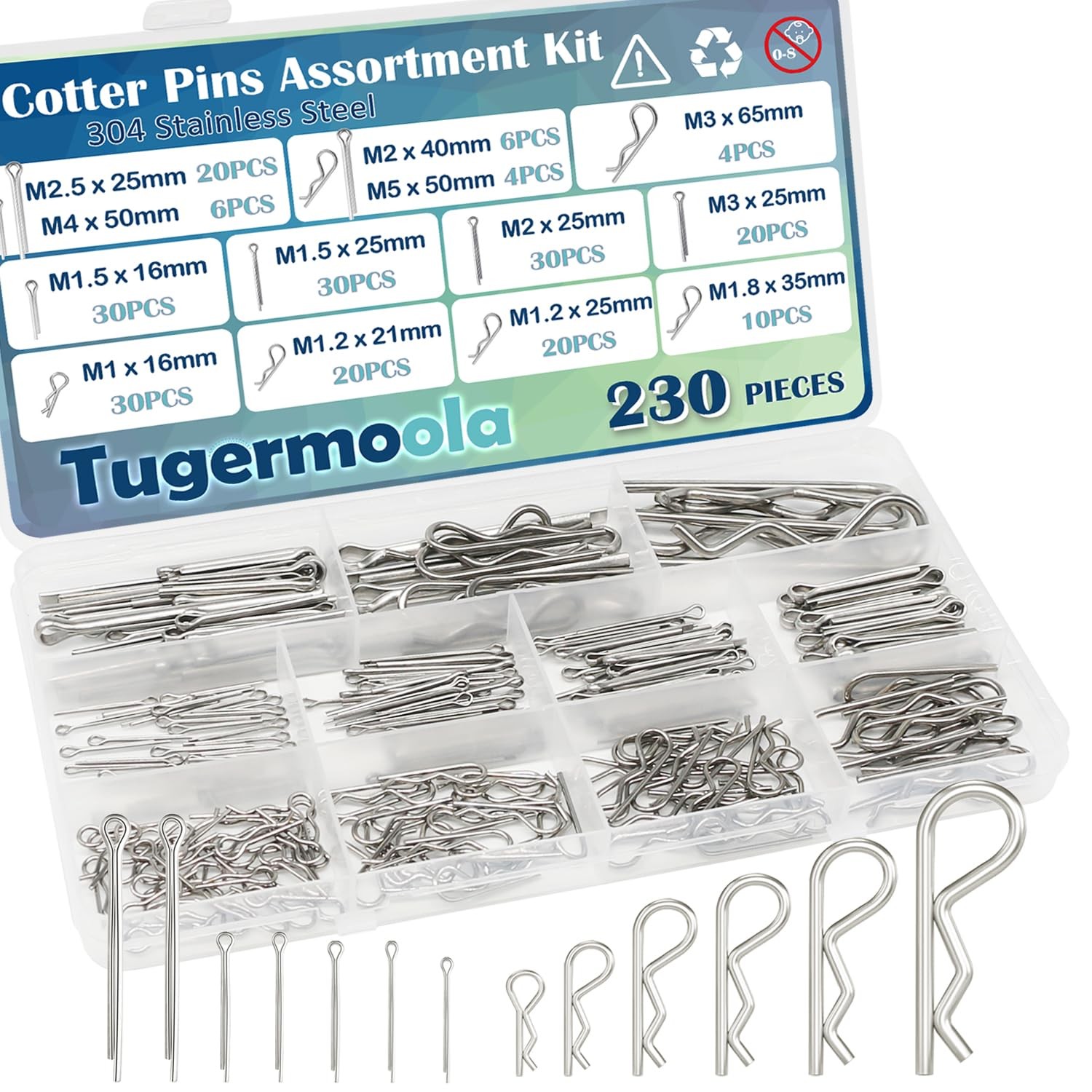 230PCS 13 Sizes Cotter Pin Assortment Kit 304 Stainless Steel R Shaped Cotter...