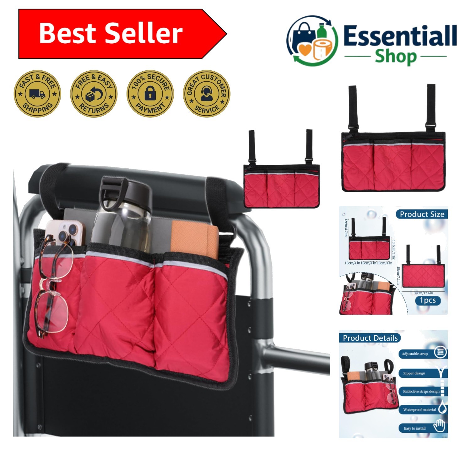 Universal Wheelchair Side Bag - Waterproof & Reflective for Enhanced Safety