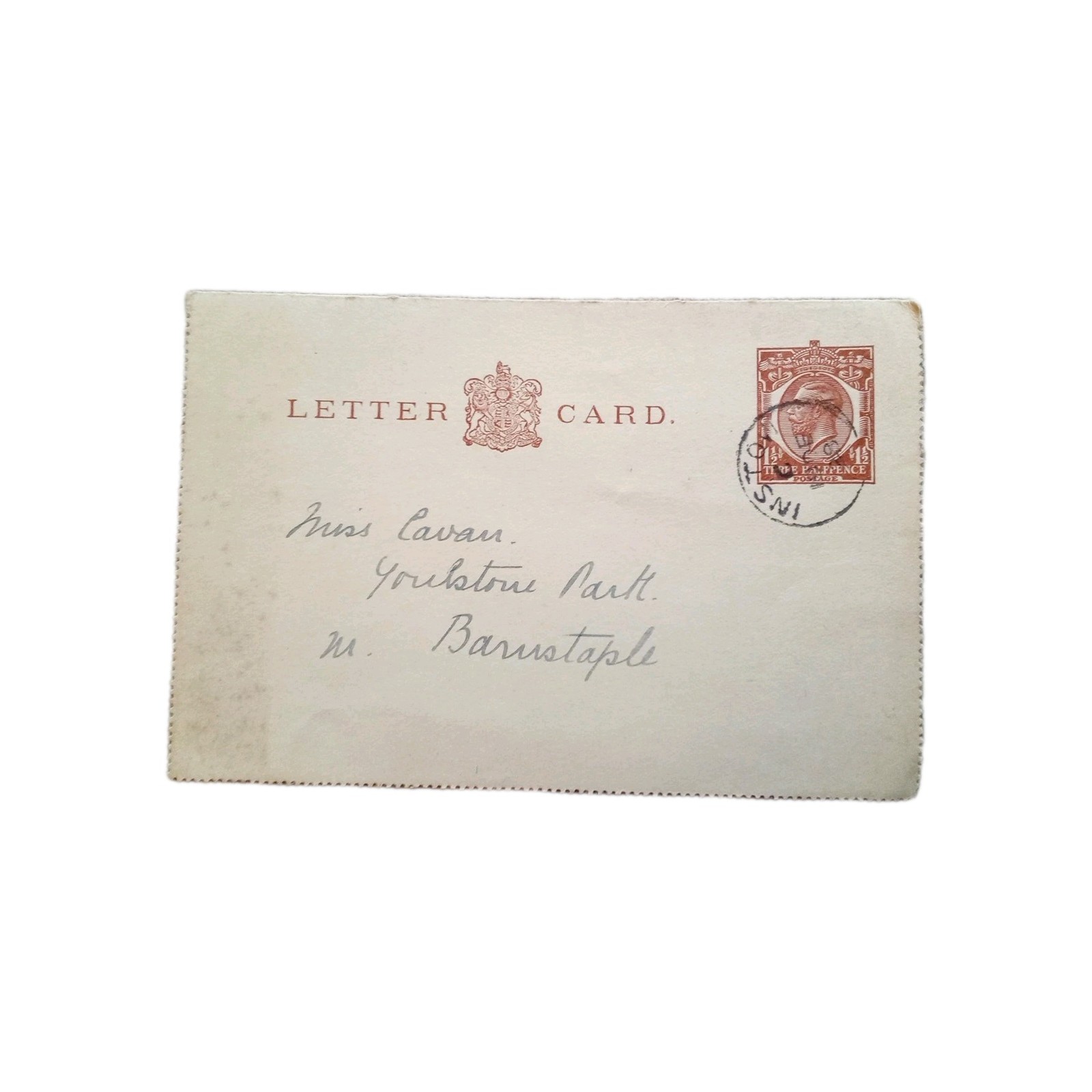 1928-Letter Card - KGV BROWN 3 Halfpenny- PMK -INSTOW- DEVON