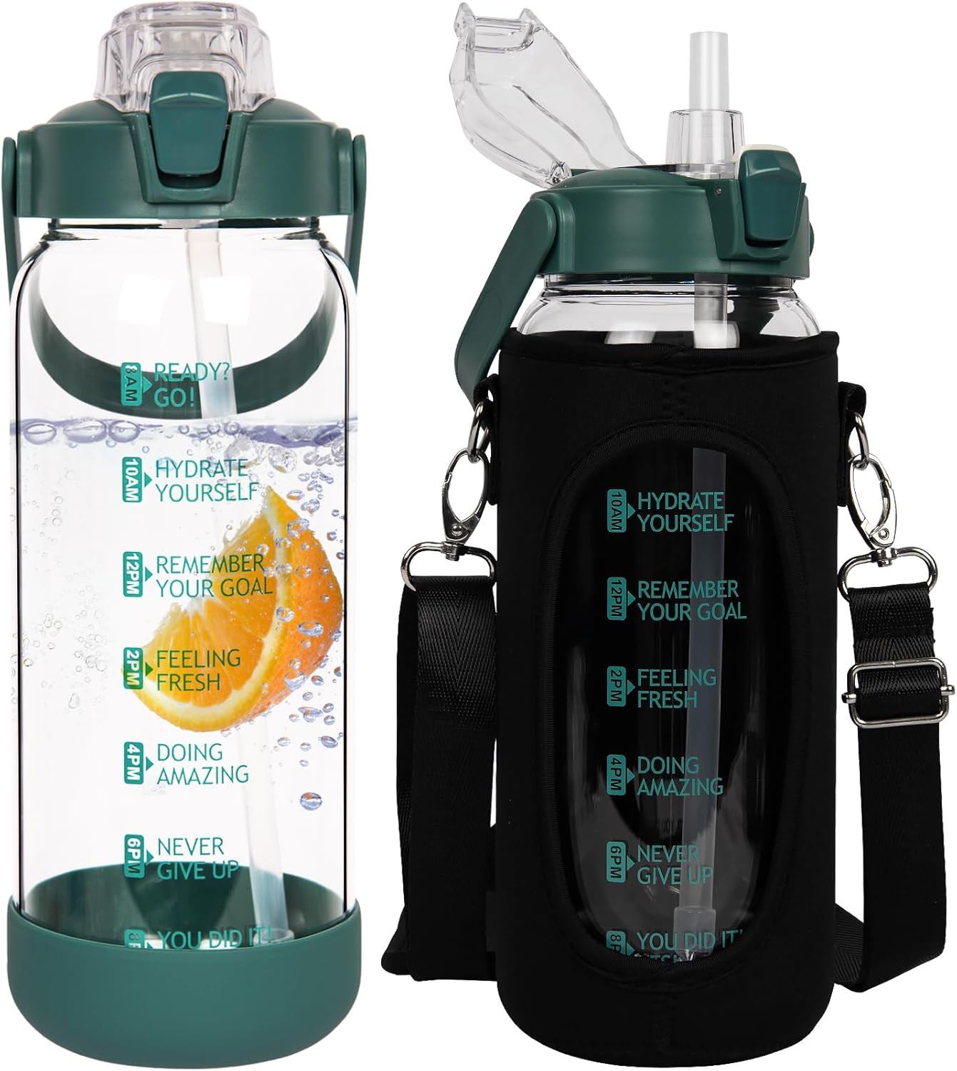 48 Oz Glass Water Bottle with Straw and Time Marker, Large Motivational Borosili