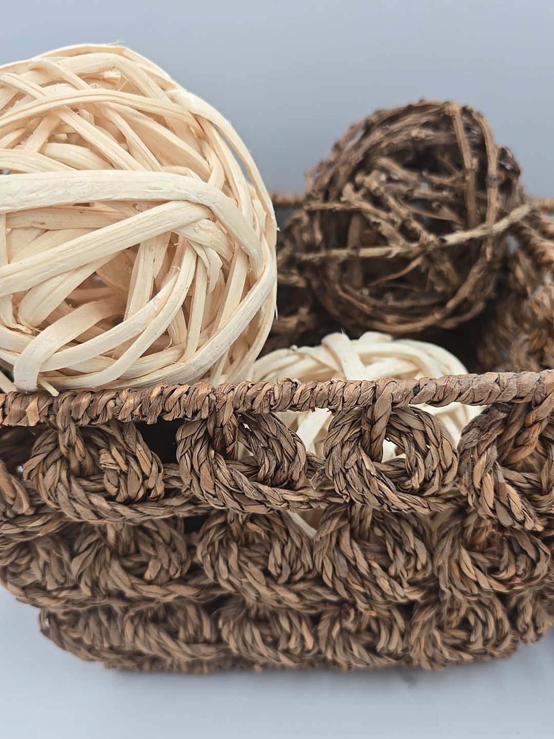 2 Square Brown Braided Wicker Baskets with 4 Natural Decorative Balls Fall Decor