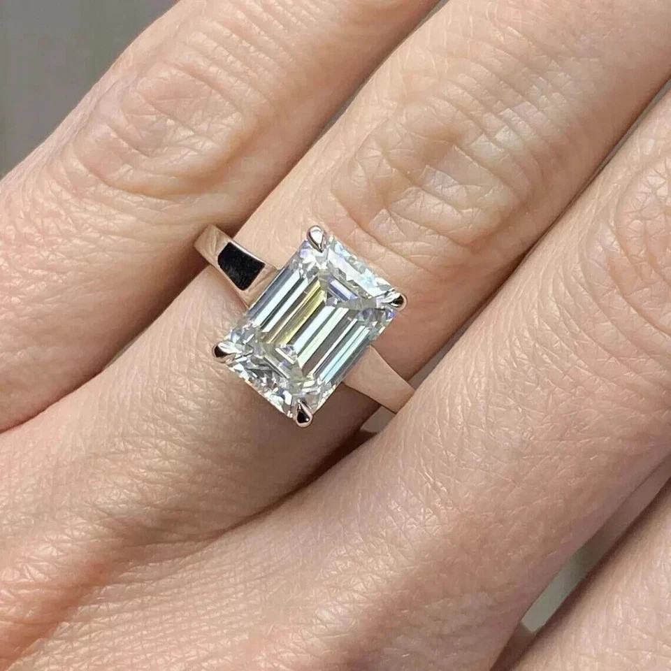 White Moissanite 3.70 Ct Emerald Cut Prong Engagement Ring 925 Sterling Silver