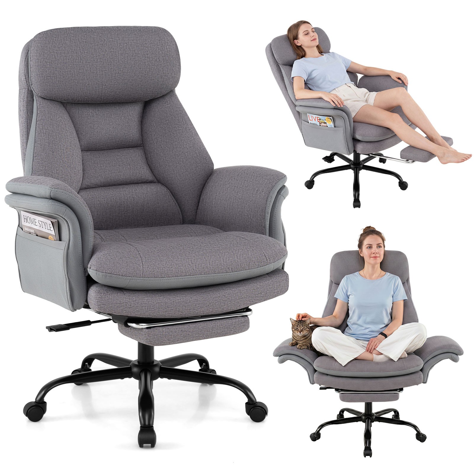 Big & Tall Office Chair w/Adjustable Backrest Armrests Footrest Storage Pockets