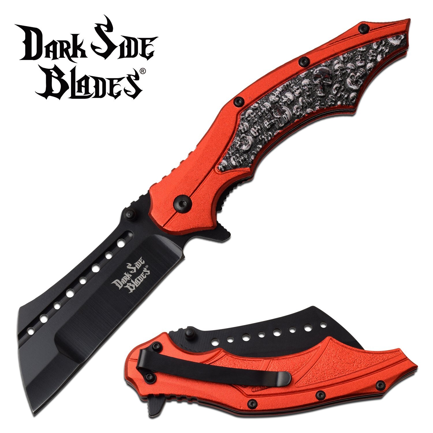 Spring-Assist Folding Knife | Black 3.25" Sheepsfoot Blade Fantasy Skull - Red