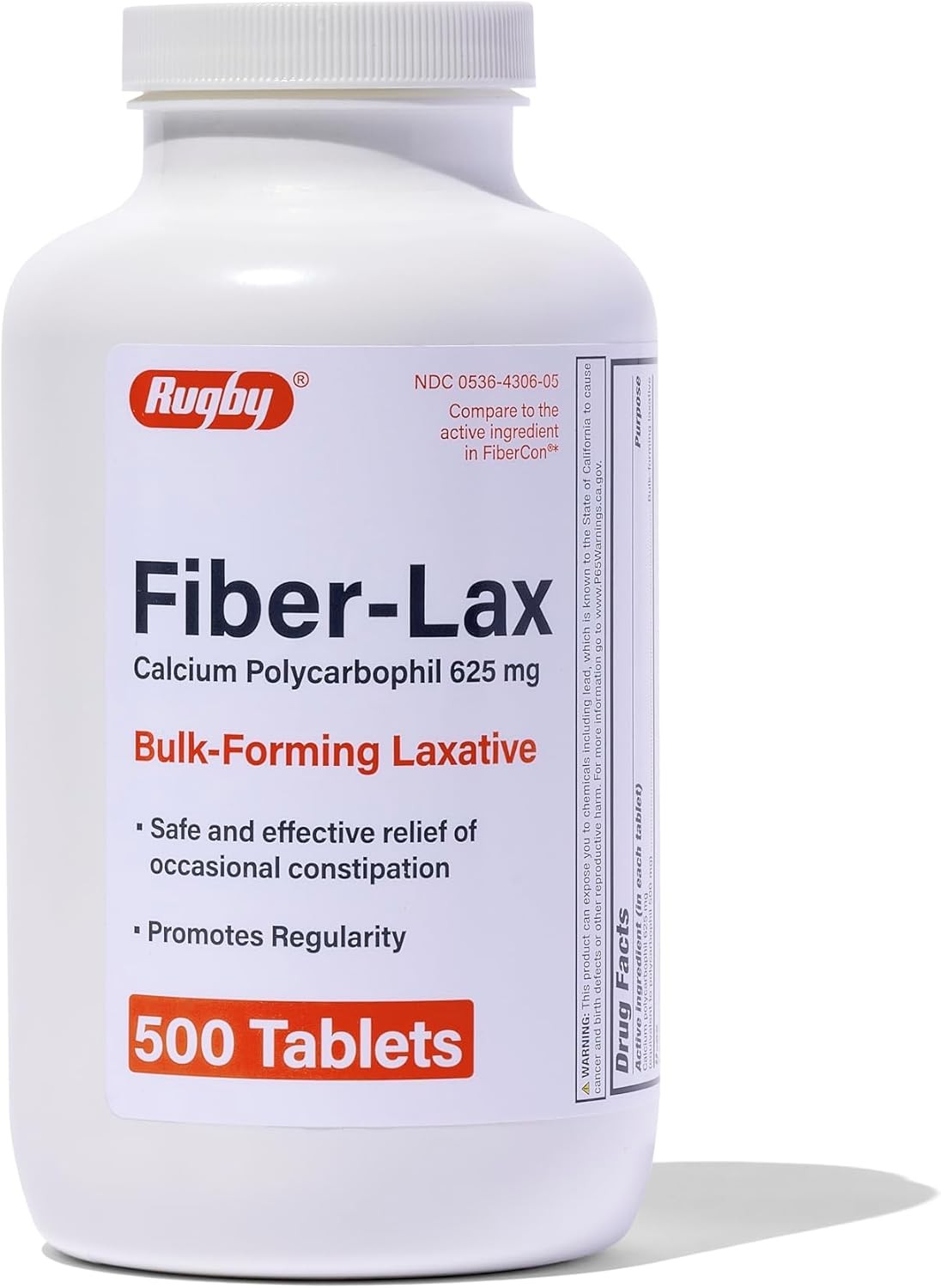 Rugby Fiber-Lax 625mg Bulk-Forming Fiber Supplement – 500 Tablets Sugar-Free