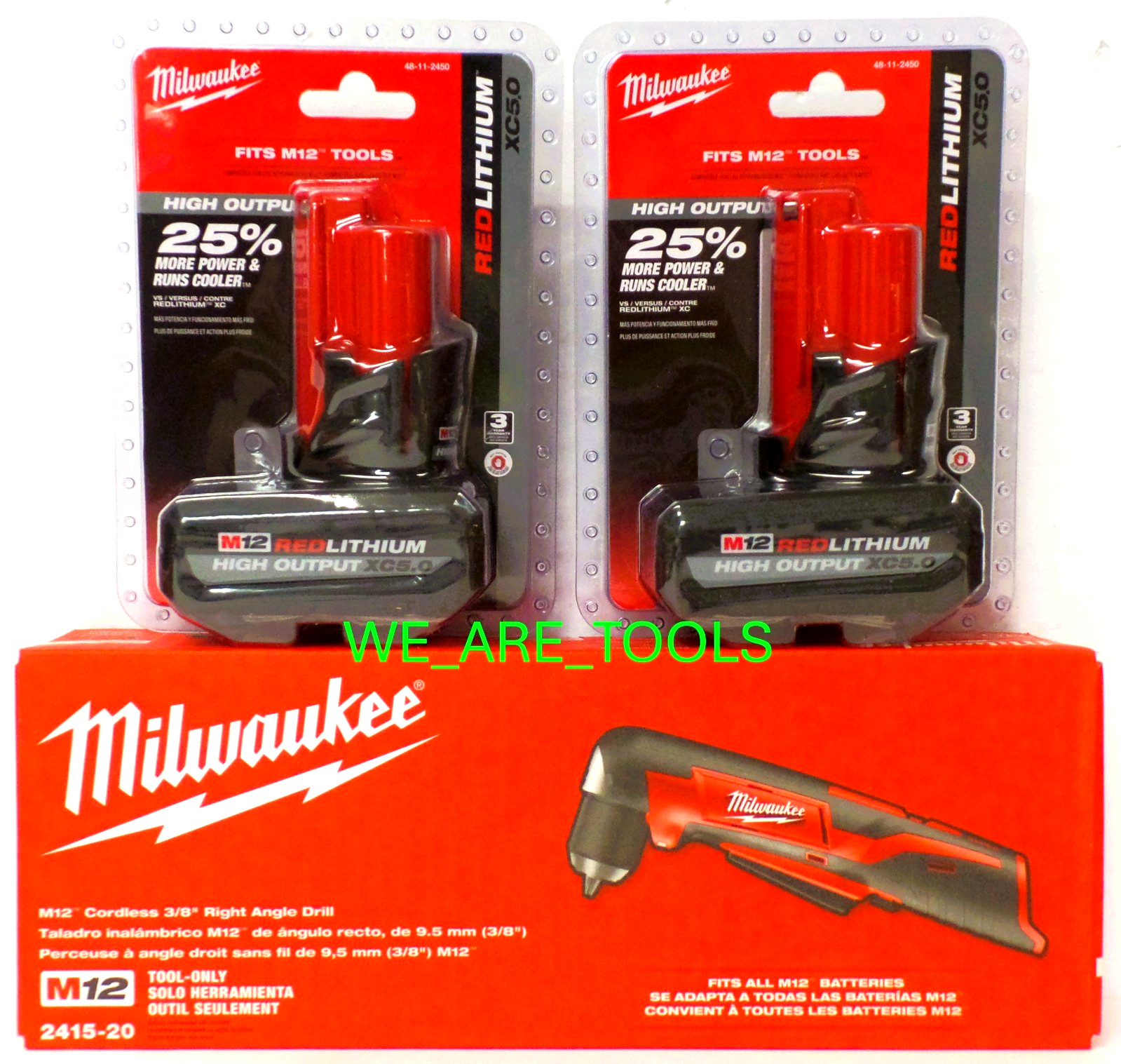 New In Box Milwaukee 2415-20 M12 3/8" Right Angle Drill, 2) 5.0 Ah Battery 12V