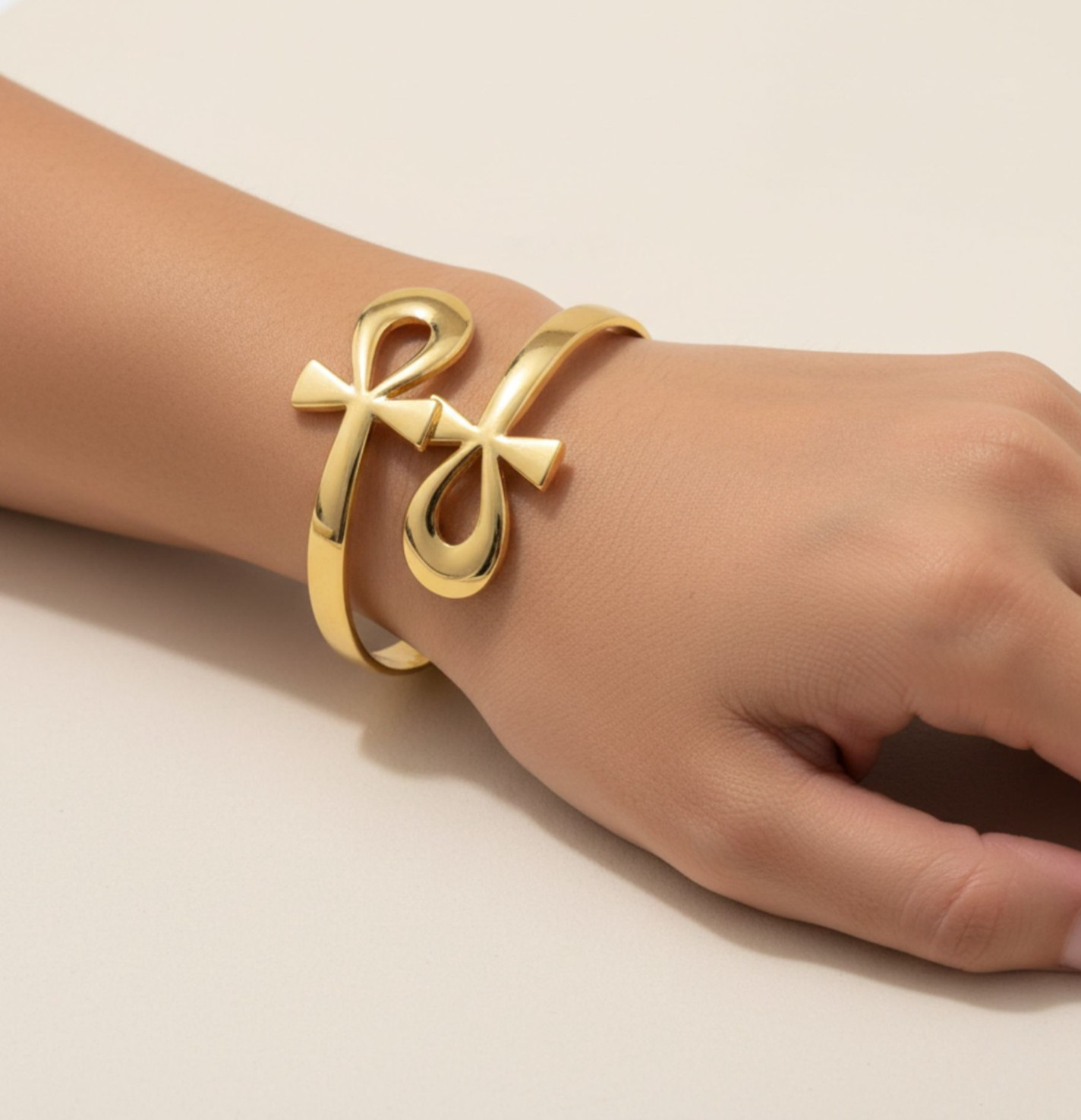 Double Ankh Bracelet 18K Gold Plated Adjustable Egyptian Art Queen Women Bangle