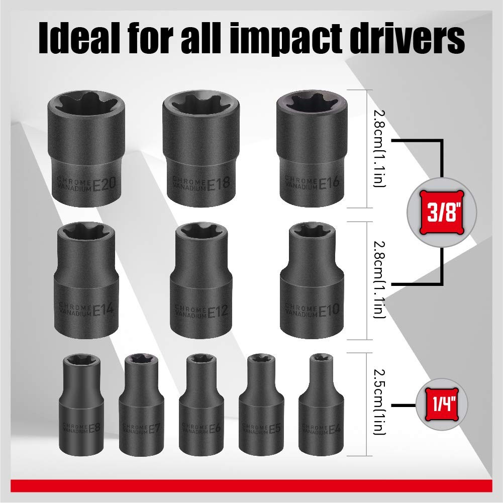 SEDY 11-Piece E-Torx Socket Set E4 E5 E6 E7 E8 E10 E12 E14 E16 E18 E20, Black