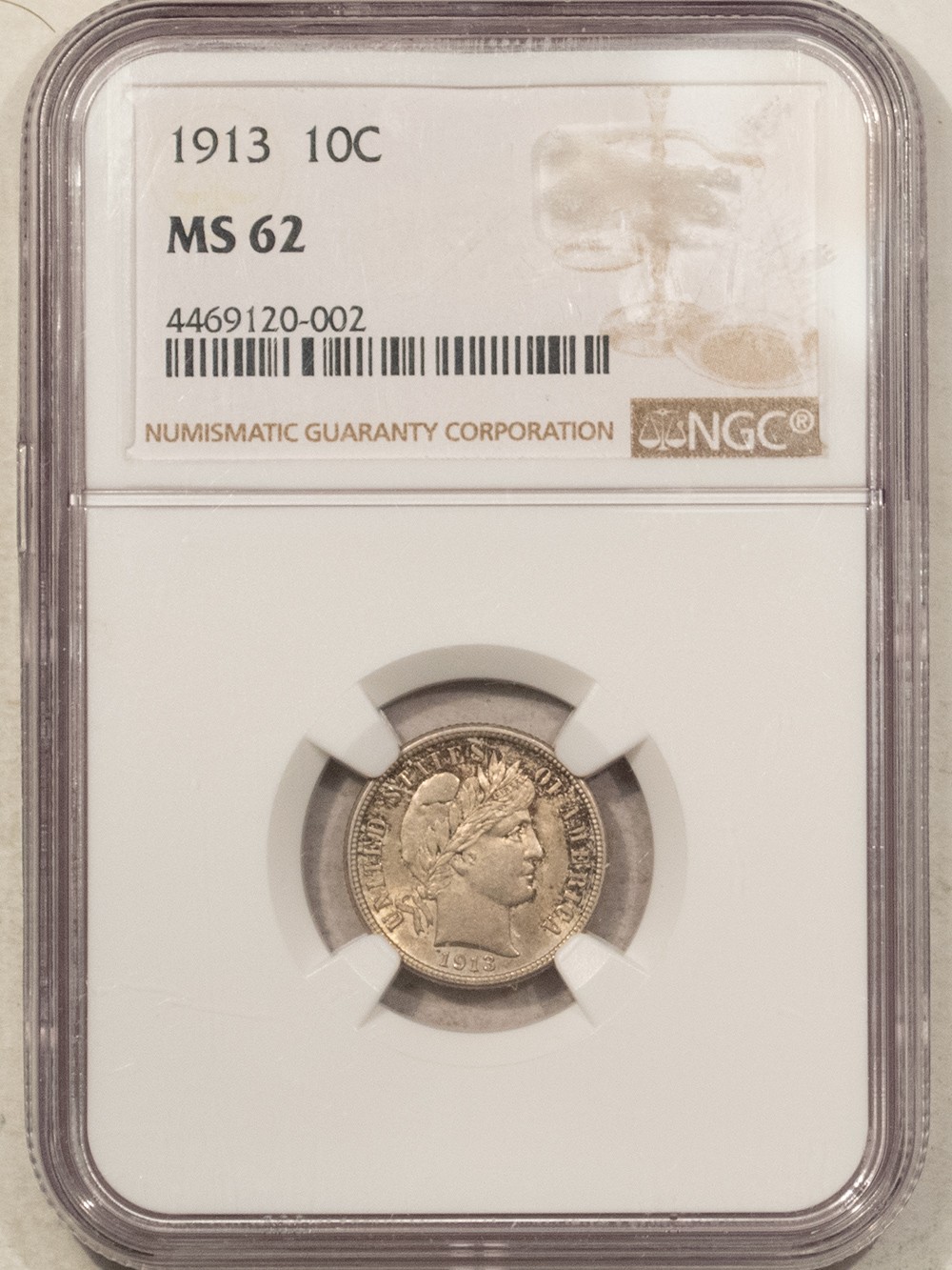 1913 BARBER DIME - NGC MS-62, PLEASING!