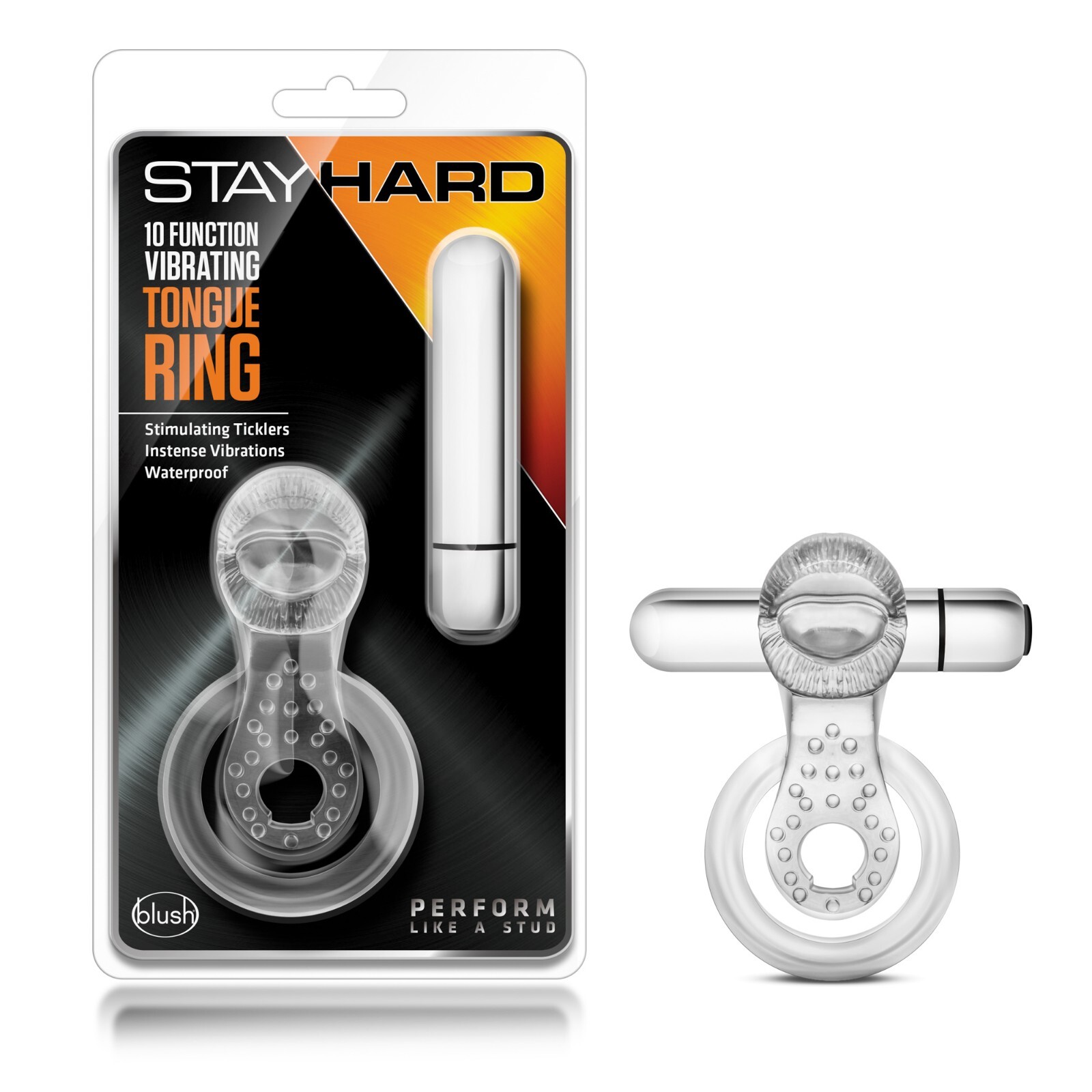 Blush Stay Hard-10 Function Stimulating Vibrating Tongue Cock Ring- Waterproof