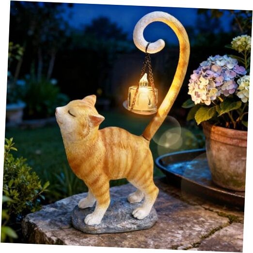 Standing Cat Garden Statue Candle Holder for Outdoor Garden Patio and Orange
