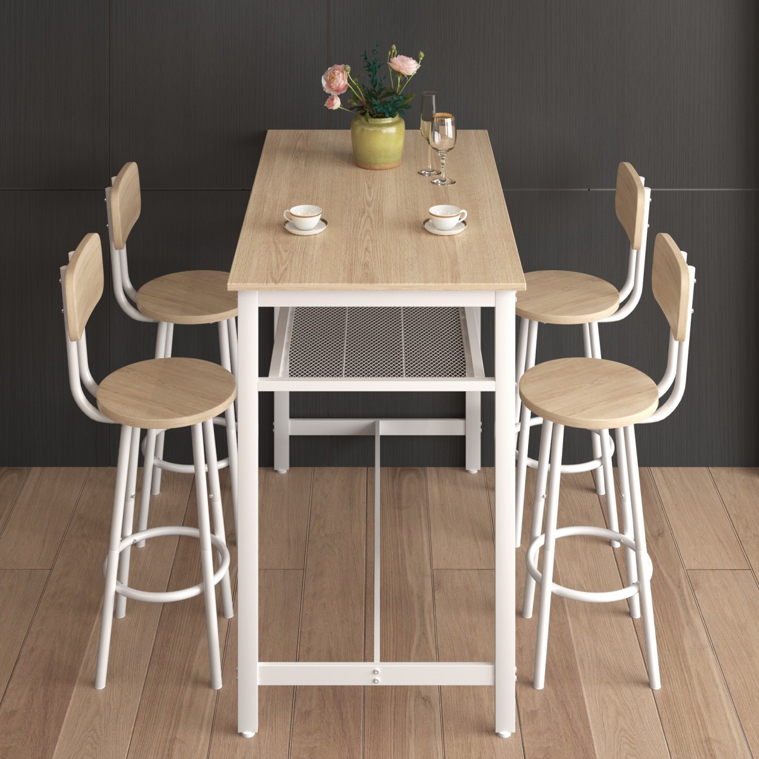 5 Piece Bar Table Set Kitchen Counter Height Table Dining Table w/ 4 Bar Stool