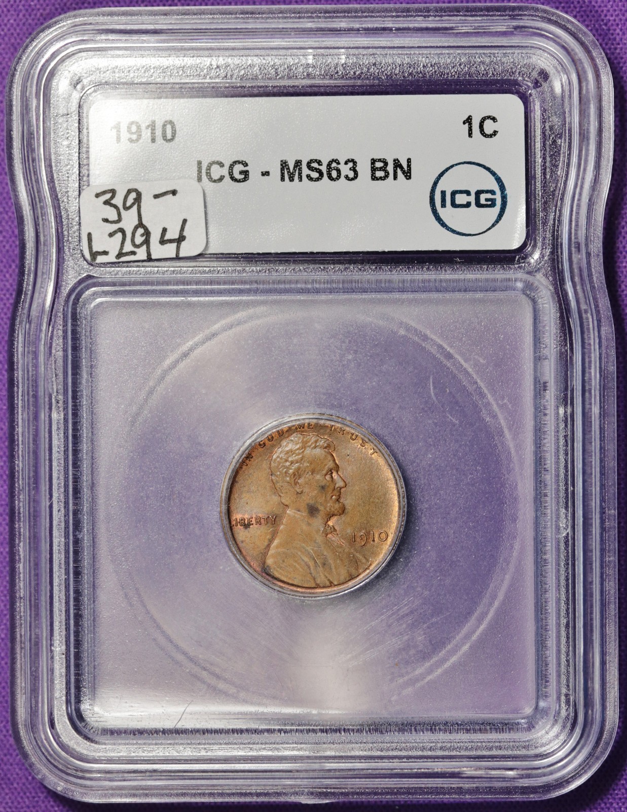 1910 Lincoln Head Cent.  In ICG Holder.  MS 63 RB.  L294