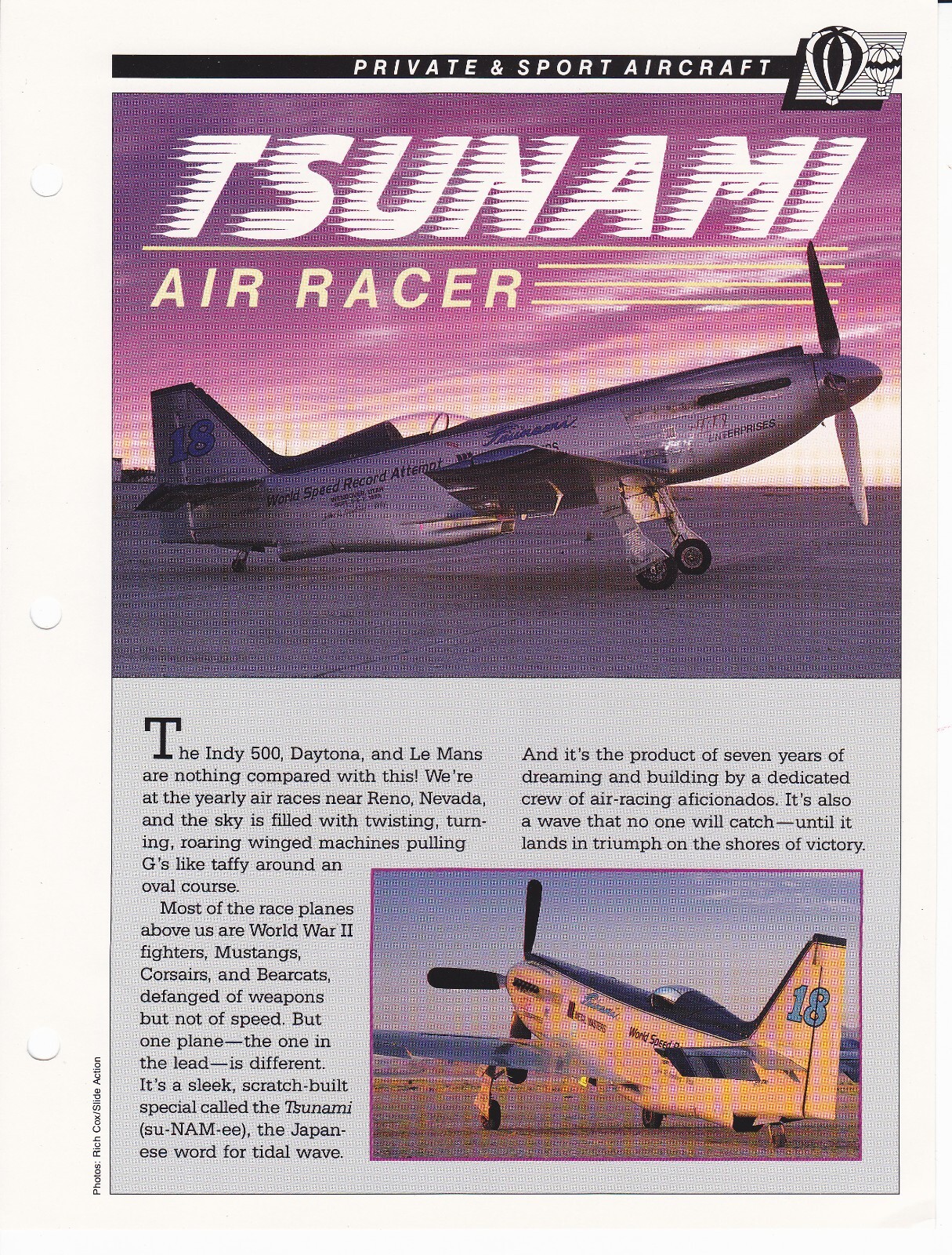 Tsunami Air Racer LIghtweight Racing Airplane Plane Spec Sheet Fact Card