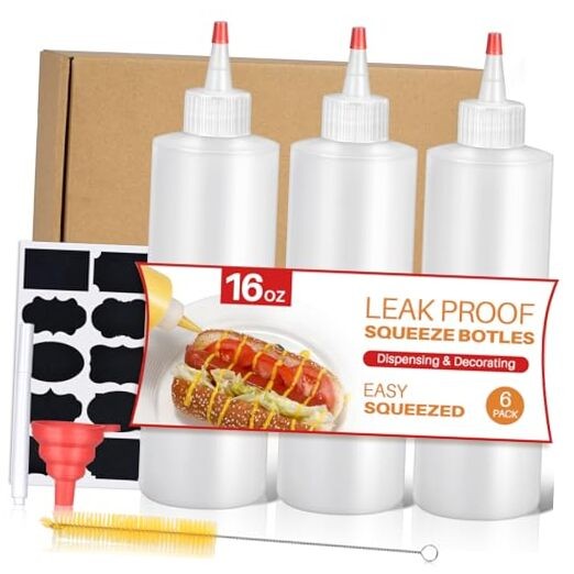 Squeeze Bottles, 16oz Plastic Condiment Squeeze Bottles with Labels & 3