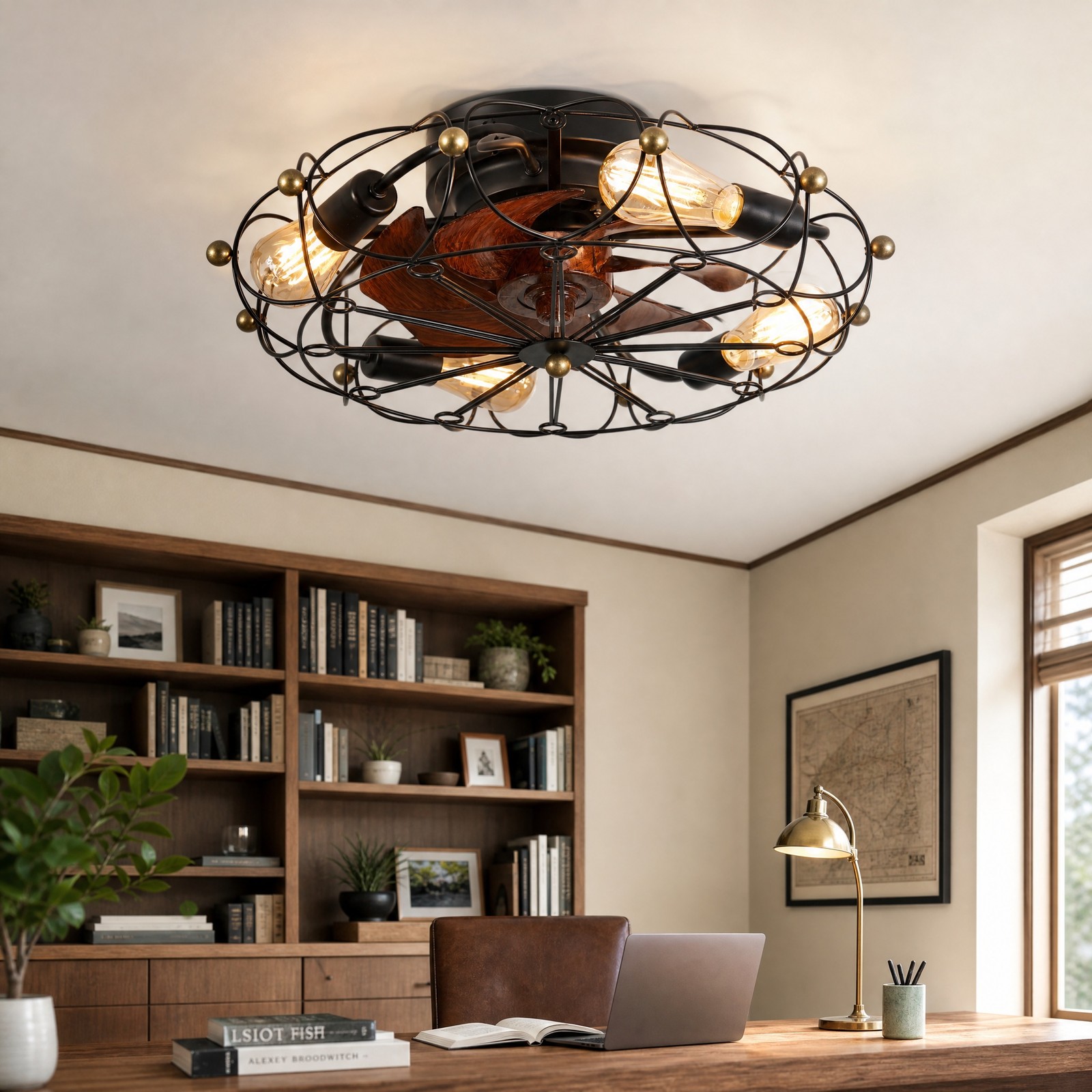 20'' Modern Caged Black Ceiling Fan with LED Light Flush Mount Remote Control