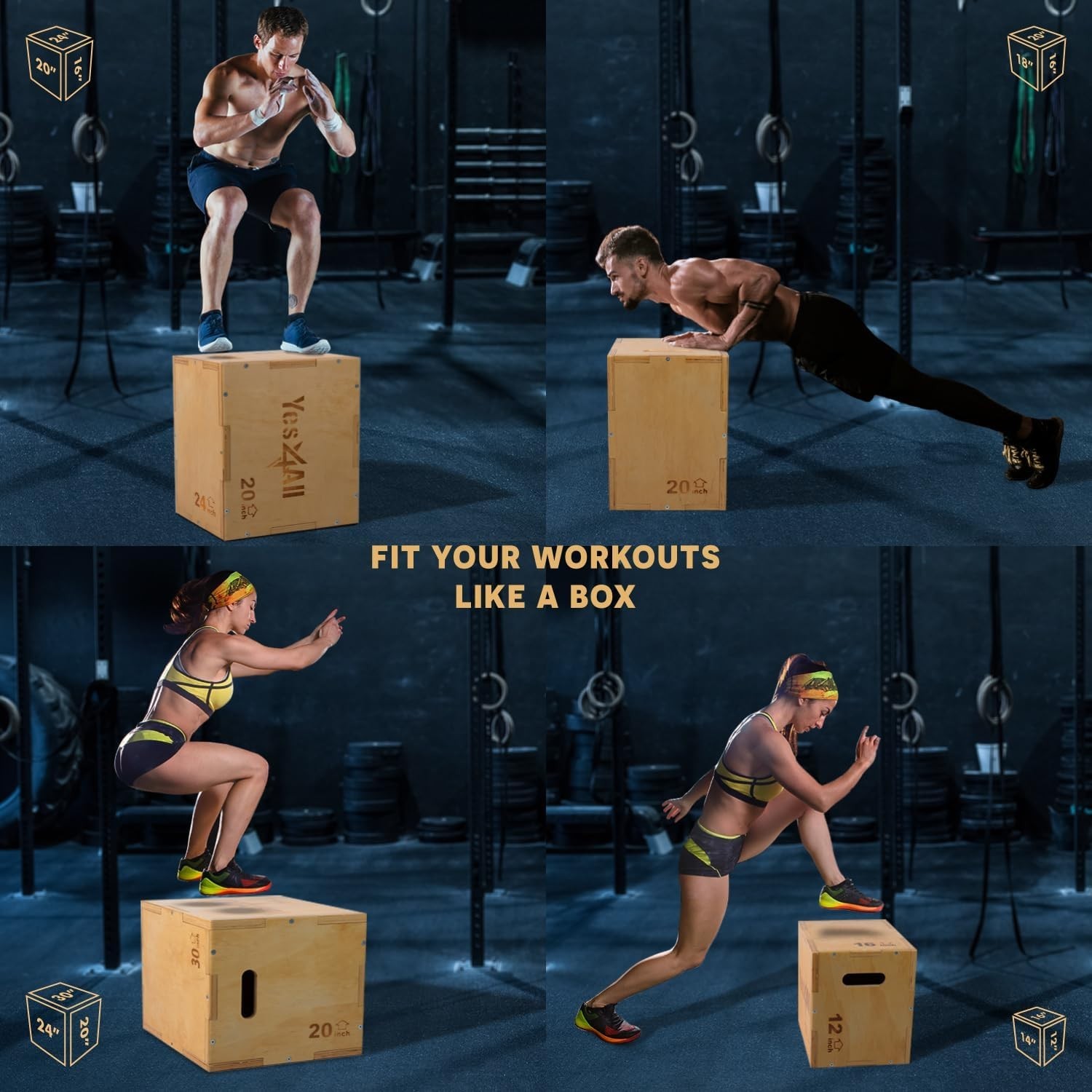 Plyo Box Wooden 3-in-1 12,14,16in Jump Box for Strength Training Home Gym