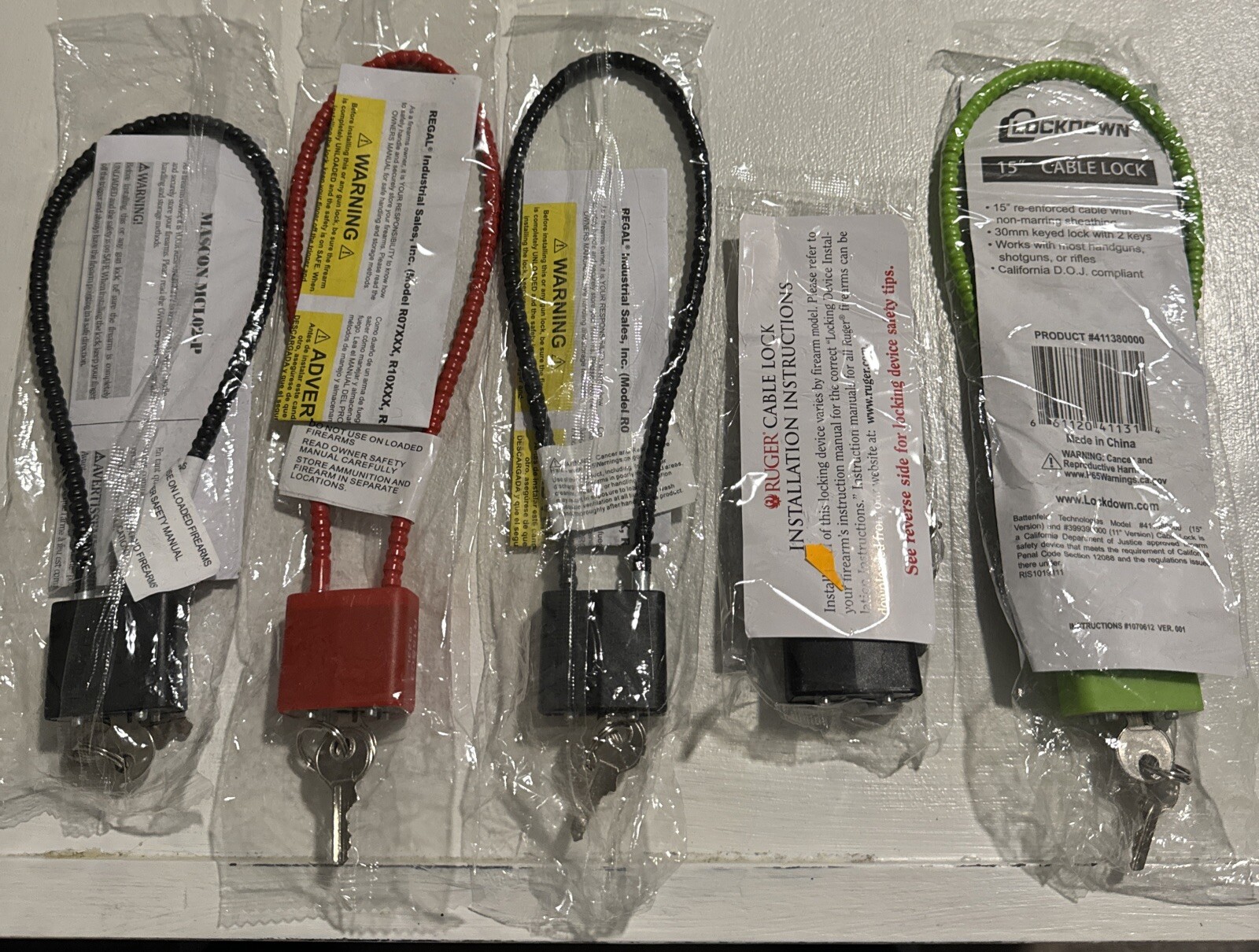 Lot of 5 New Gun Cable Lock Cable Lock & Key Various Brands Mascon Ruger Regal