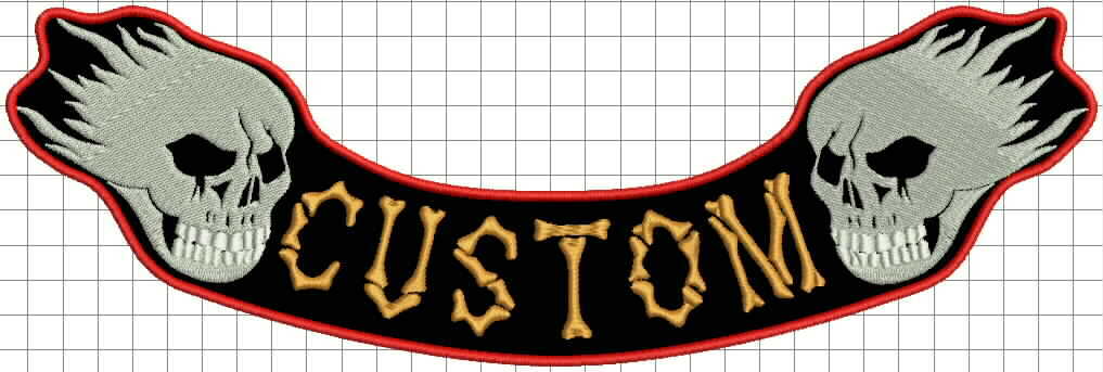 Bottom  Rocker Skull, Skeleton Custom text and colors,  Sew-On biker patch v2