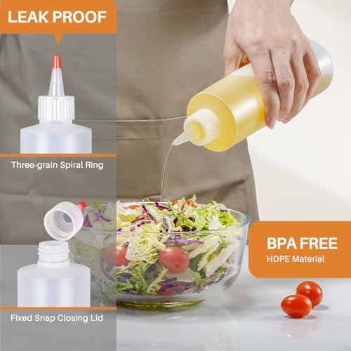 Squeeze Bottles, 16oz Plastic Condiment Squeeze Bottles with Labels & 3