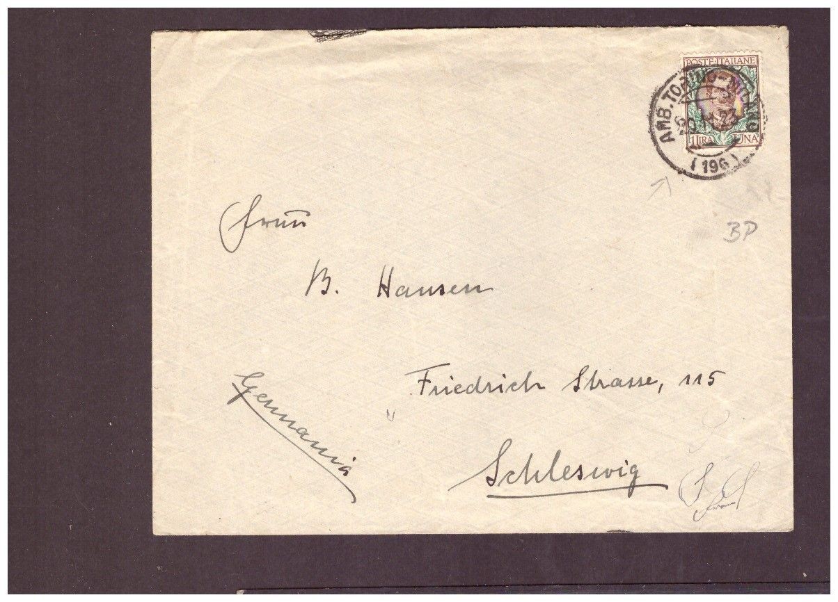 Italy EF cover-Torino/Milano railway post to Schleswig 1923