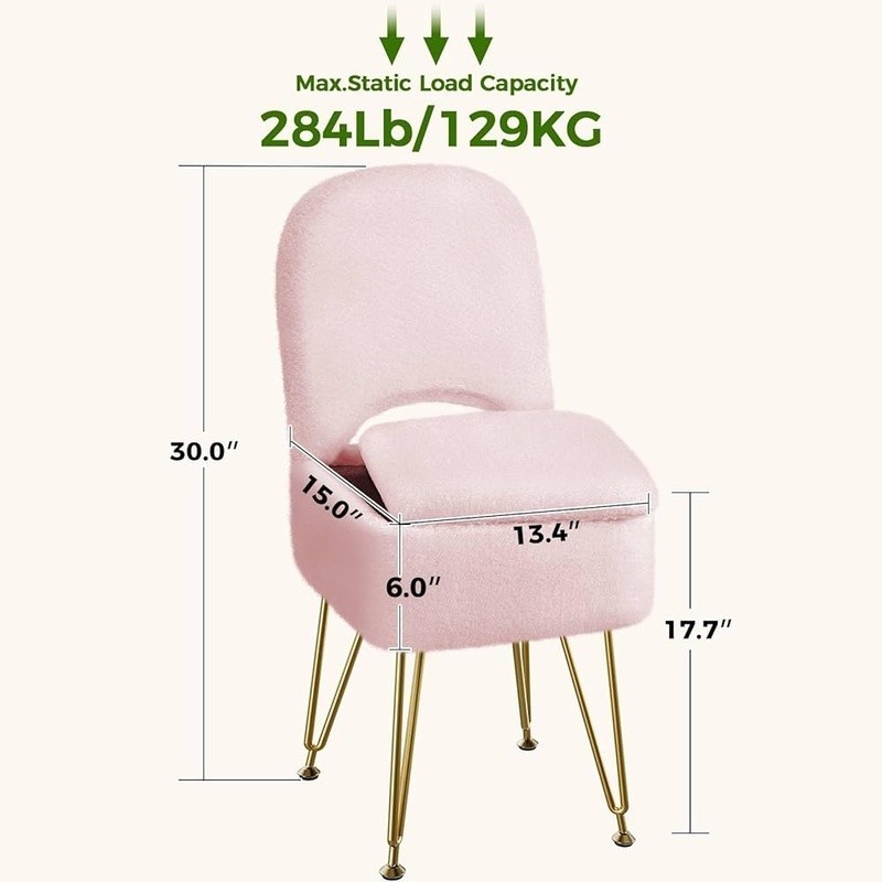 Faux Fur Vanity Chair W/ Storage Adjustable Backrest Makeup Stool Footrest New