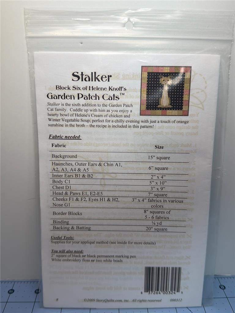 STORYQUILTS.COM Quilt Pattern - STALKER - Garden Patch Cats Block 6 - 18"
