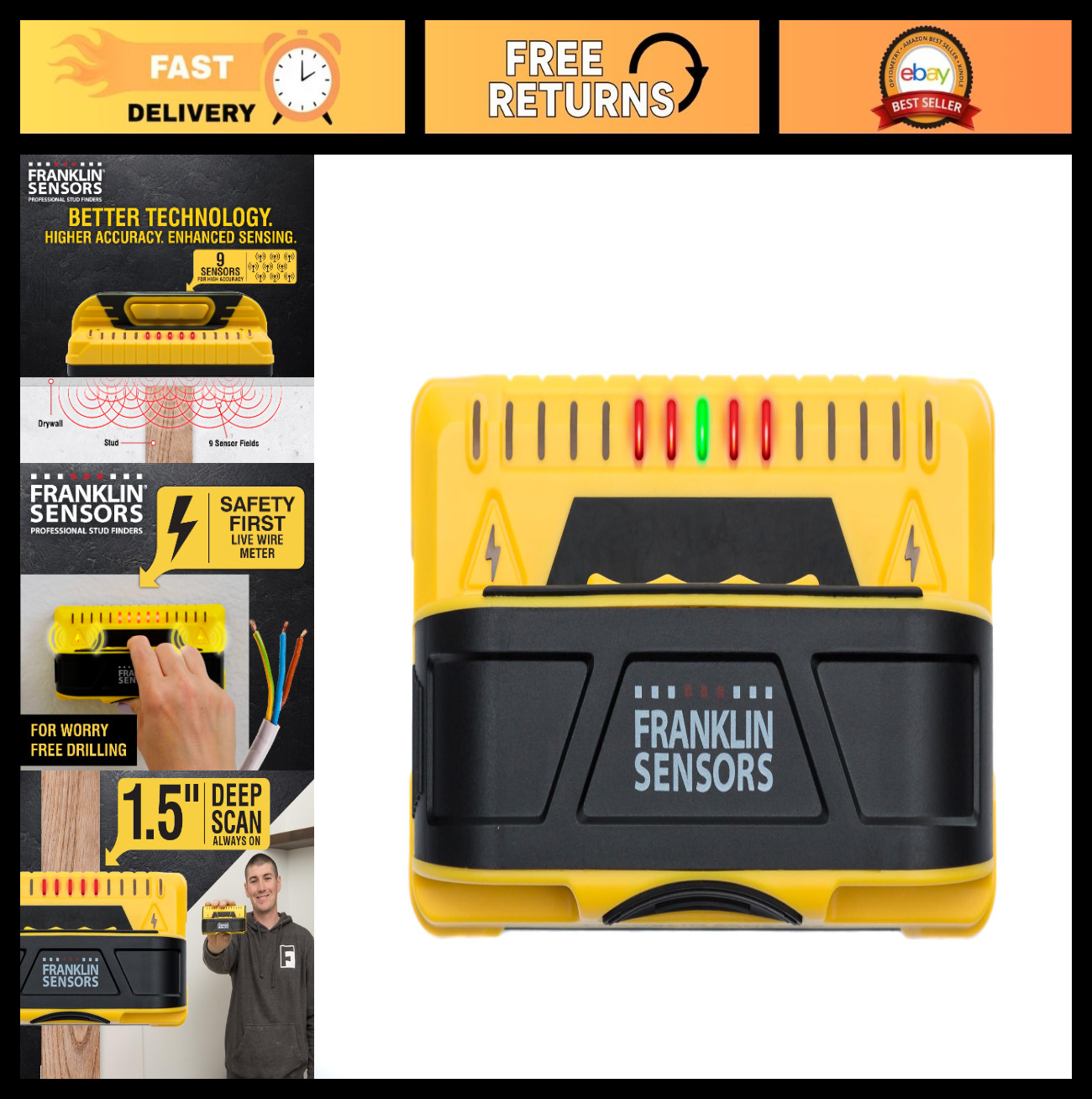 Stud Finder with Live Wire Detection, 9-Sensor Wall Scanner for Wood & Metal