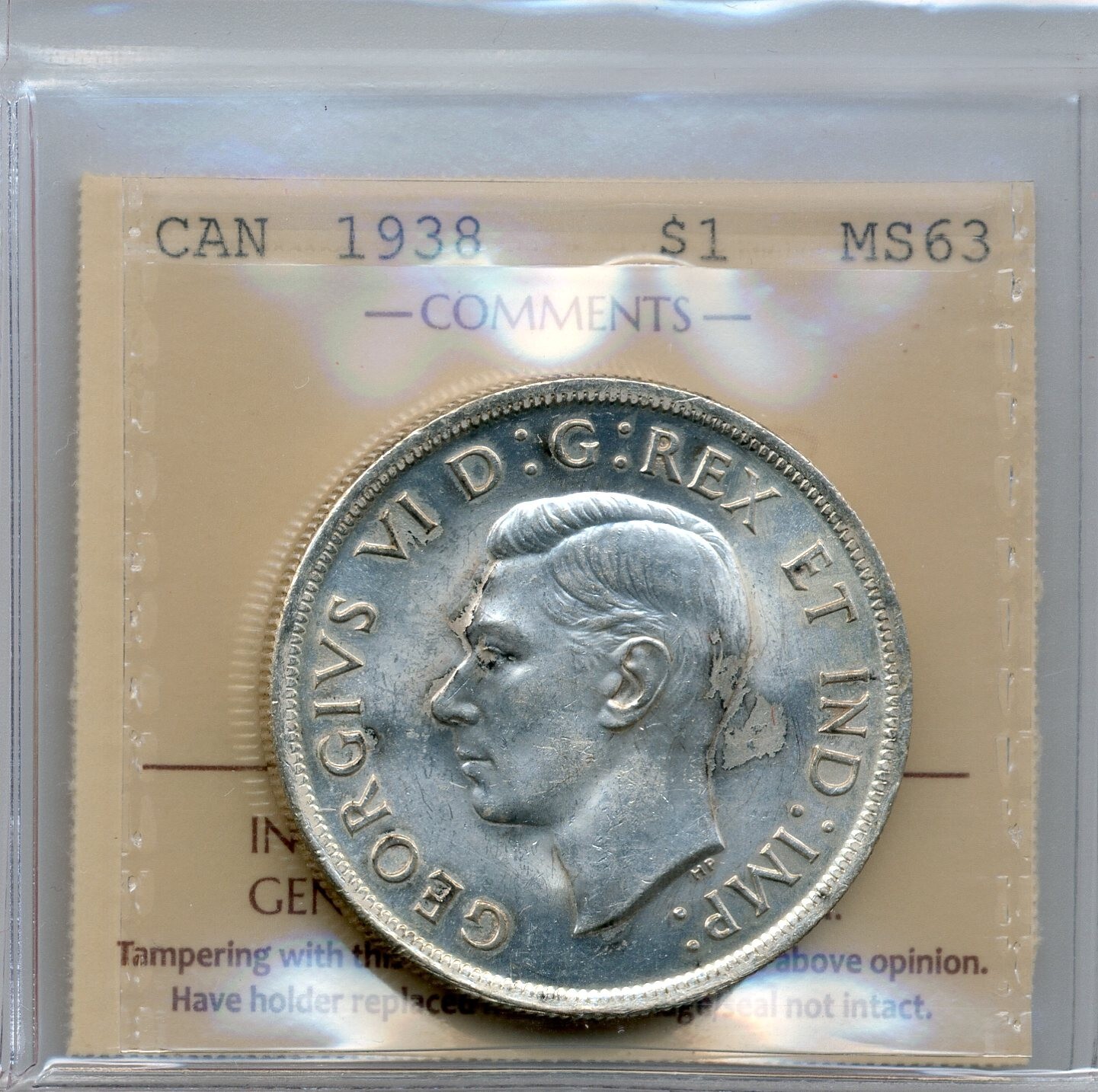 1938 Canada Silver Dollar - Choice Uncirculated, ICCS MS 63