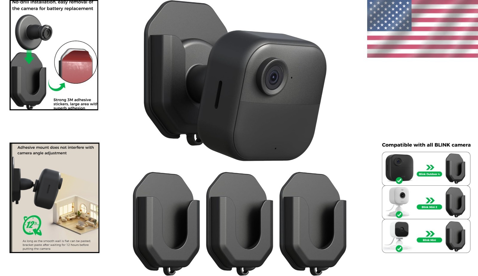 HBV Adhesive Wall Mount Bracket for Blink Cameras - 3 Pack, No Drill Required