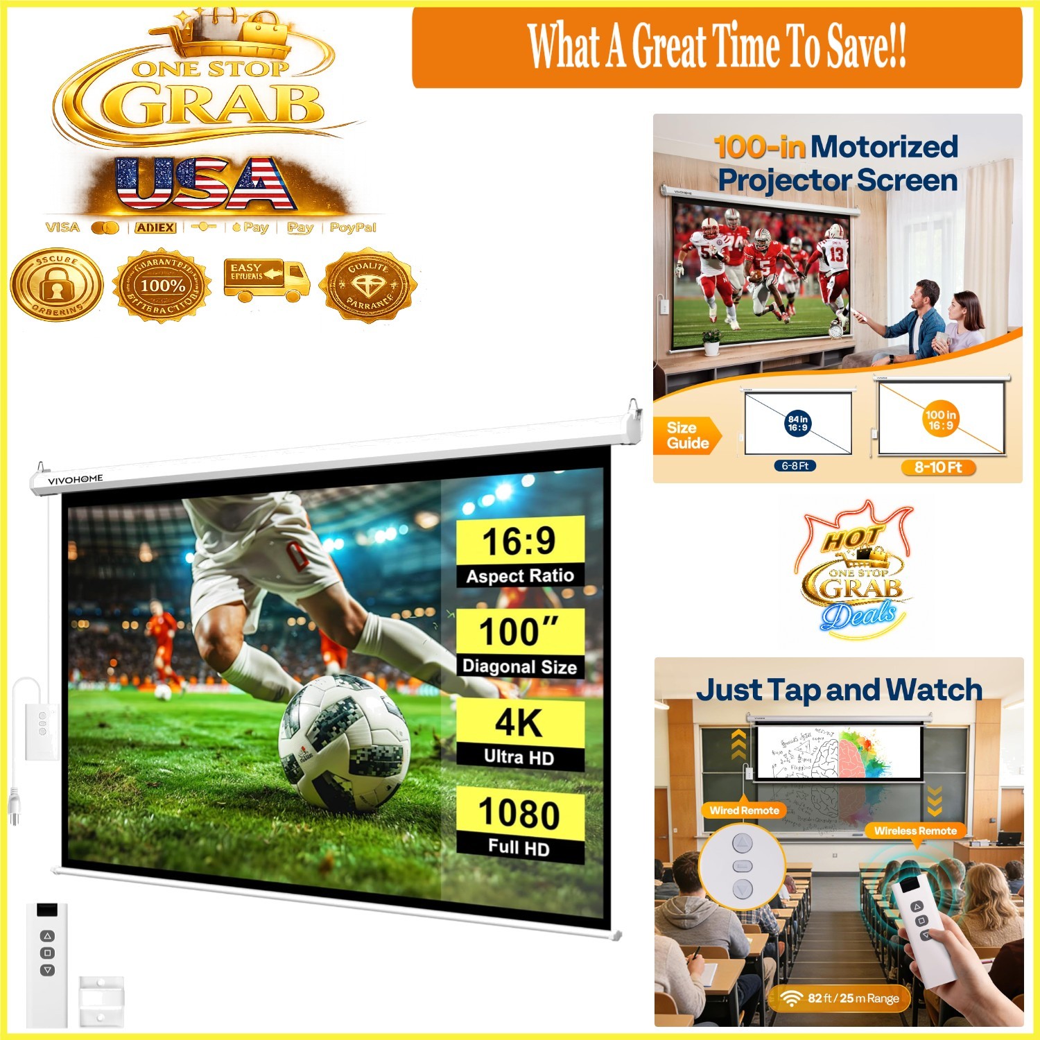 100 Inch Motorized Projection Screen 4K HD with Remote for Home Theater