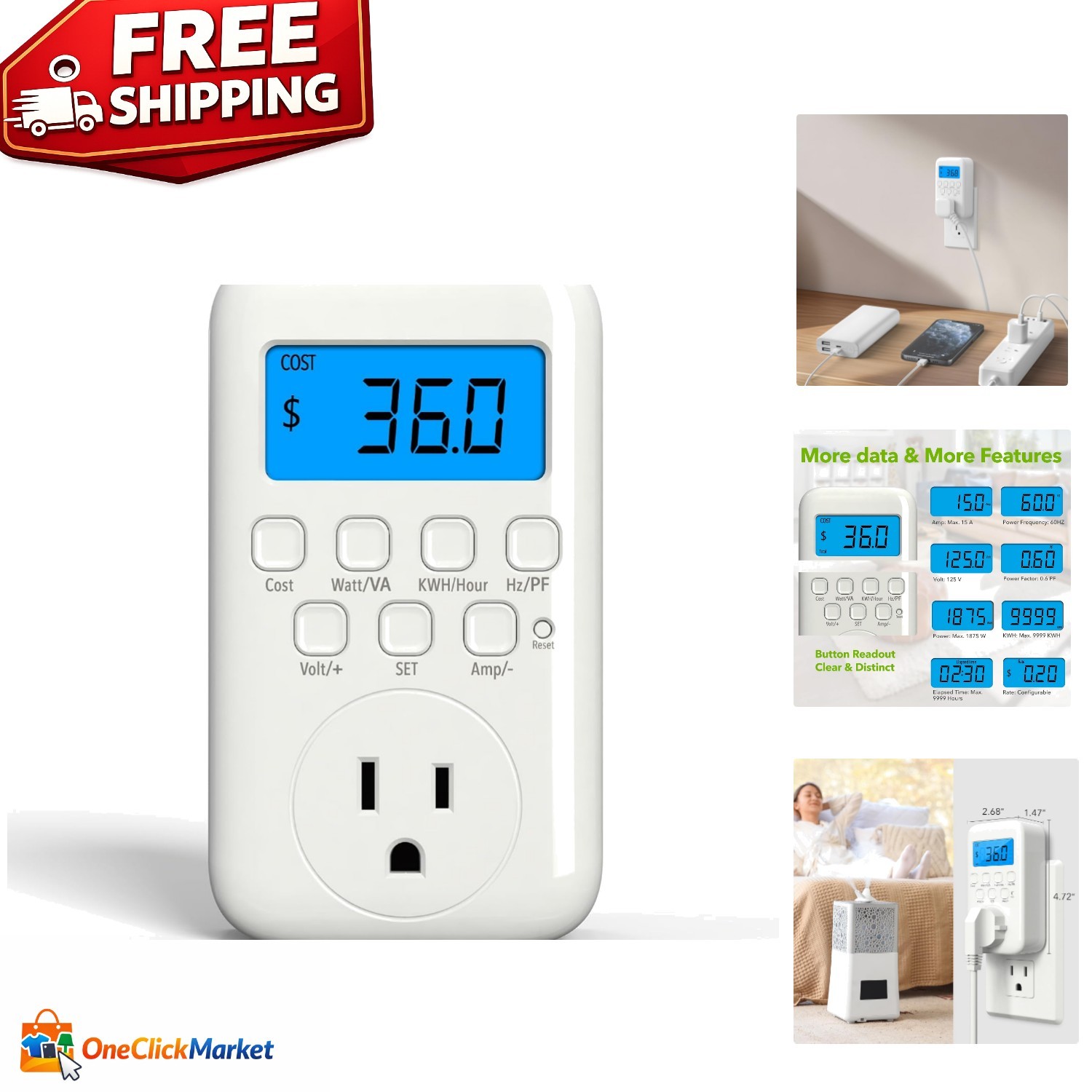 Backlit Watt Meter Plug - 9 Display Modes for Energy Monitoring at Home