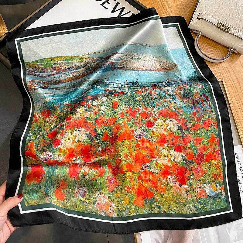 100% Silk 20'' Scarf Women Small Bandana Vintage Flower Oil Painting Neckerchief