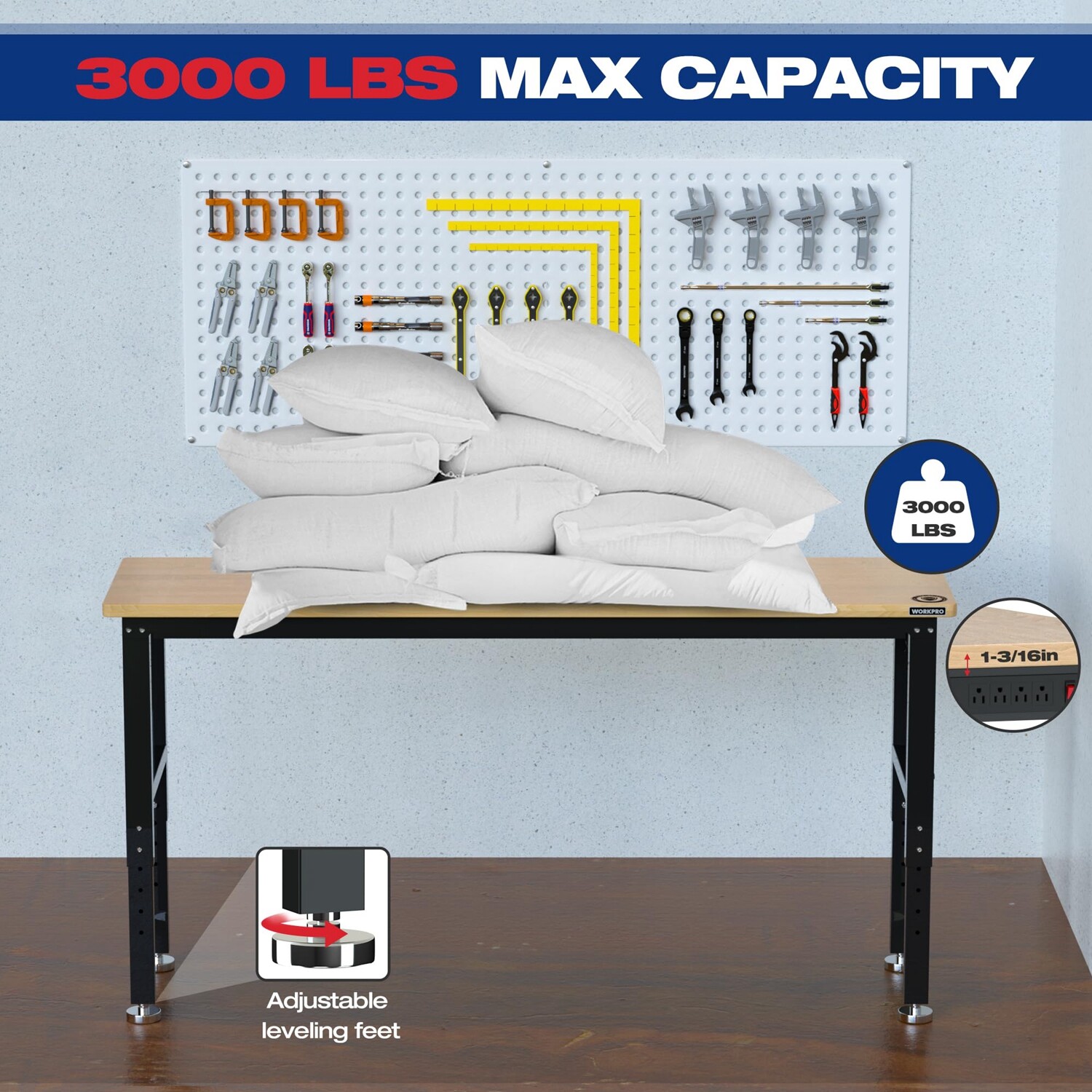 WORKPRO 72" Adjustable Workbench Garage Workbench Power Outlets 3000LBS Load MAX
