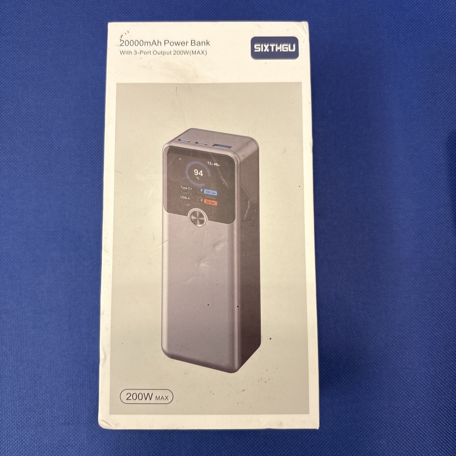 SIXTHGU Laptop Power Bank, 20,000mAh 3-Port Portable Charger with 200W, Blue